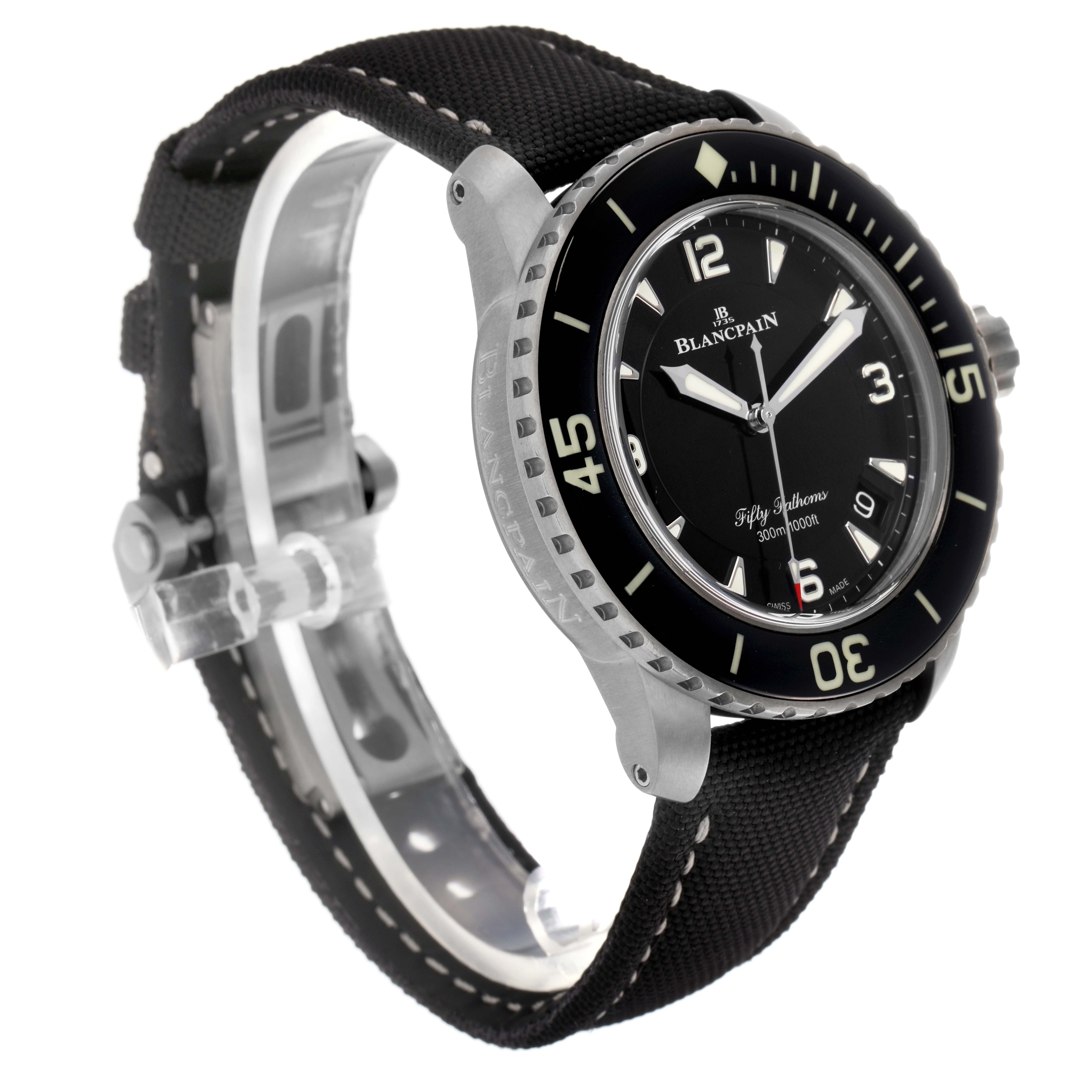 The Blancpain Fifty Fathoms 5015-12B30 Men
s Titanium Black Dial 5015-12B30 Men
s Titanium Black Dial watch is shown at a three-quarter angle, highlighting the bezel, dial, and strap.