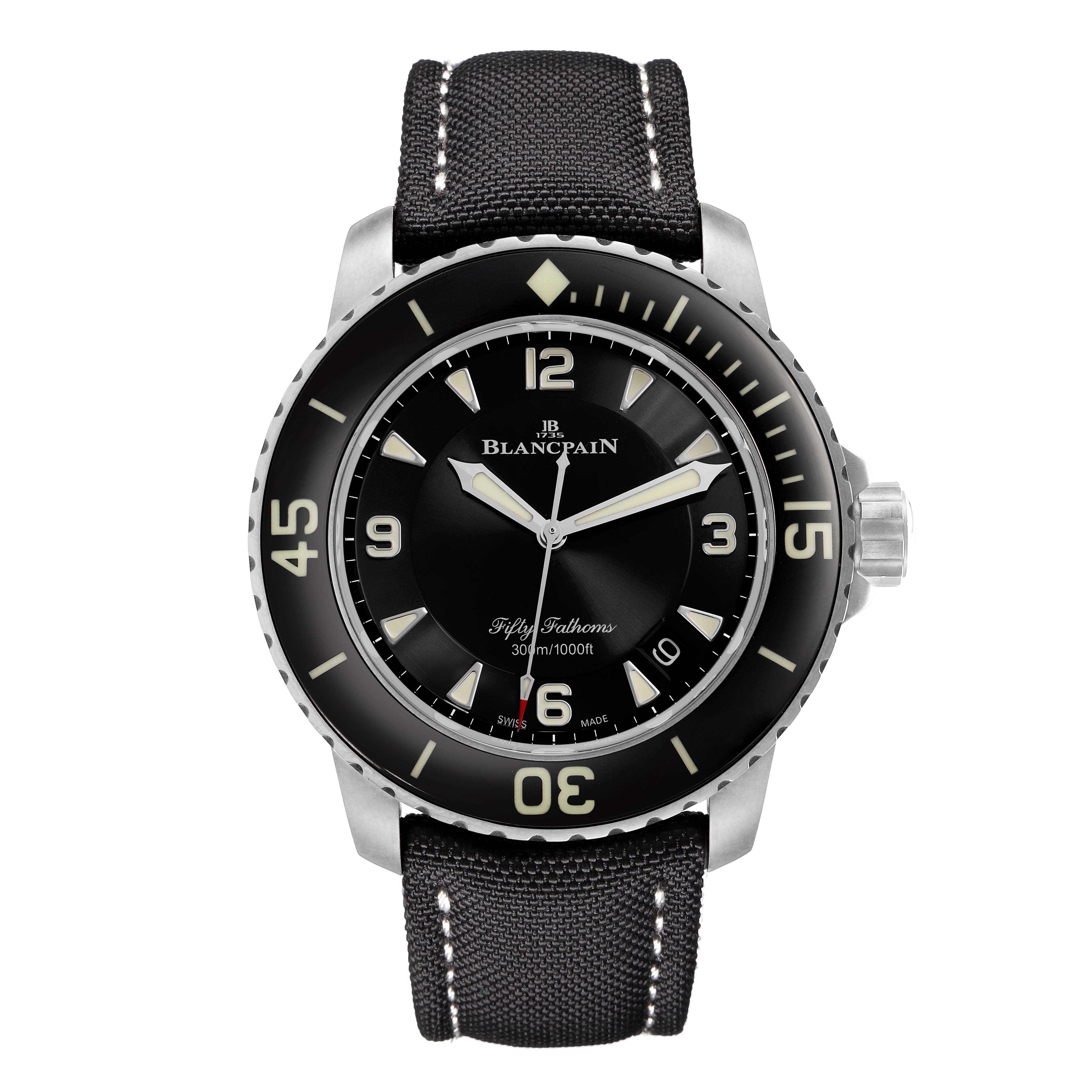The Blancpain Fifty Fathoms 5015-12B30 Men
s Titanium Black Dial 5015-12B30 Men
s Titanium Black Dial watch is shown from a front angle, displaying the dial, bezel, and strap.