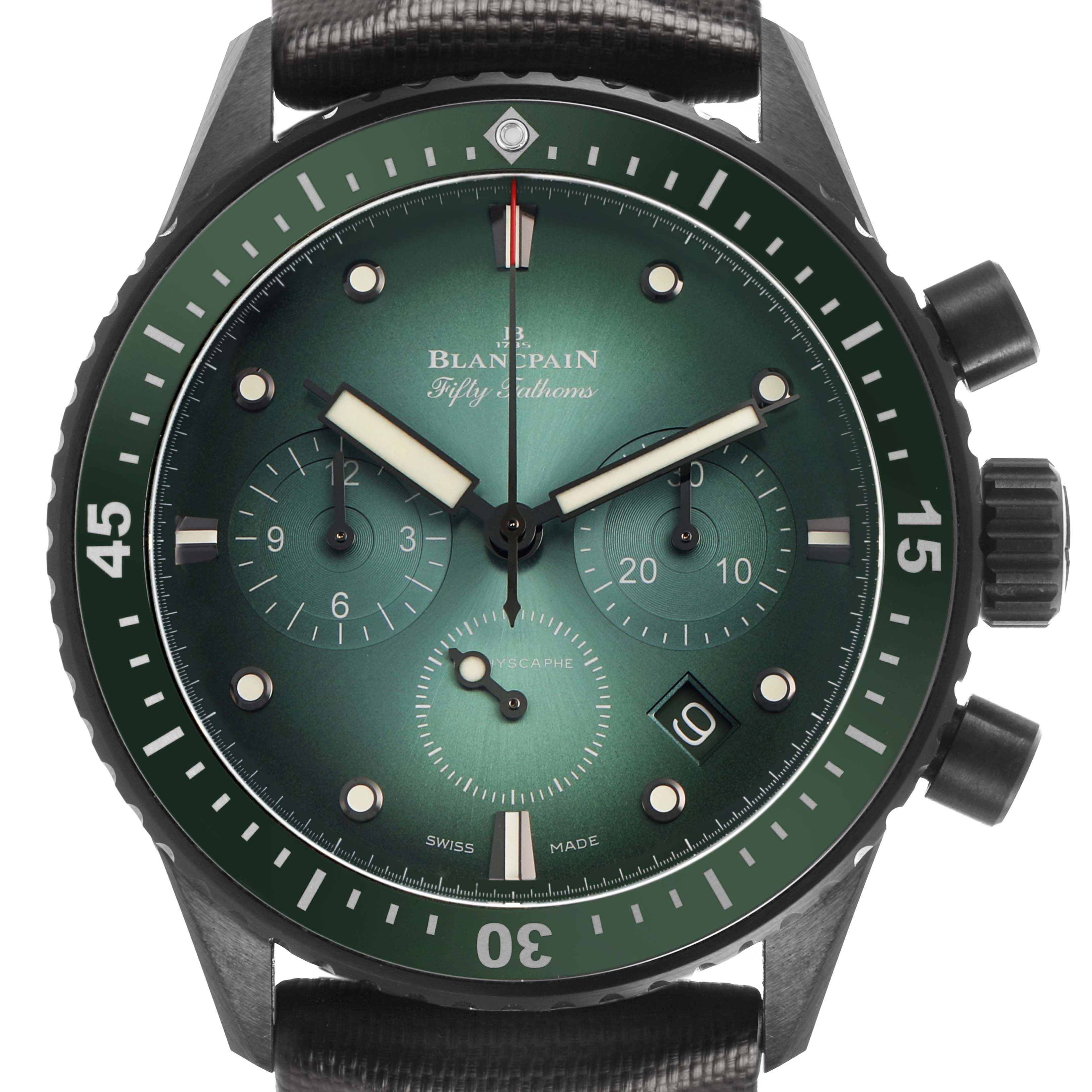 The Blancpain Fifty Fathoms 5200-0153-B52A Men's Ceramic Green Dial watch is shown from the front, highlighting the green dial, chronograph subdials, and the bezel.