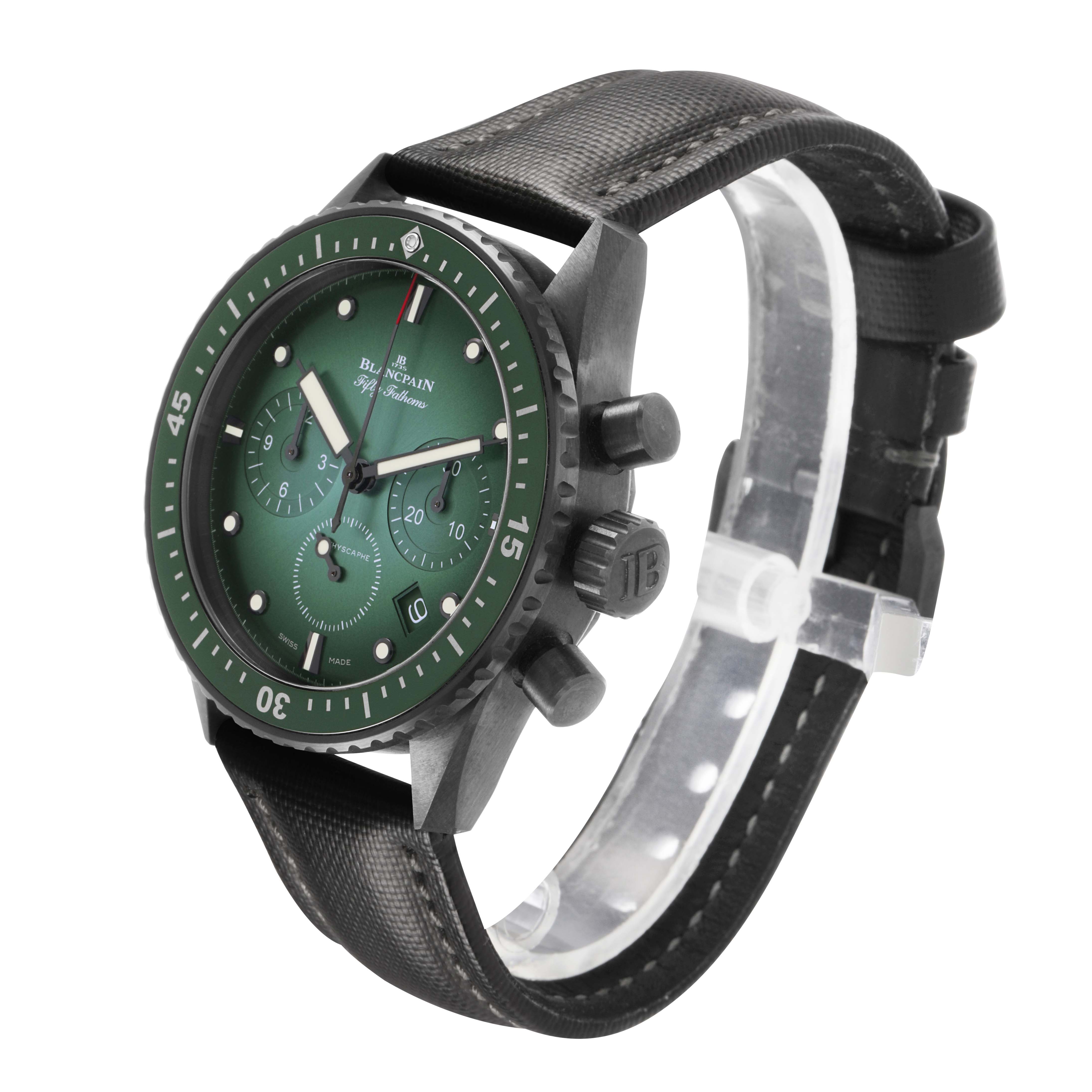 The Blancpain Fifty Fathoms 5200-0153-B52A Men's Ceramic Green Dial watch is shown at a three-quarter angle, featuring the green dial, bezel, and strap.