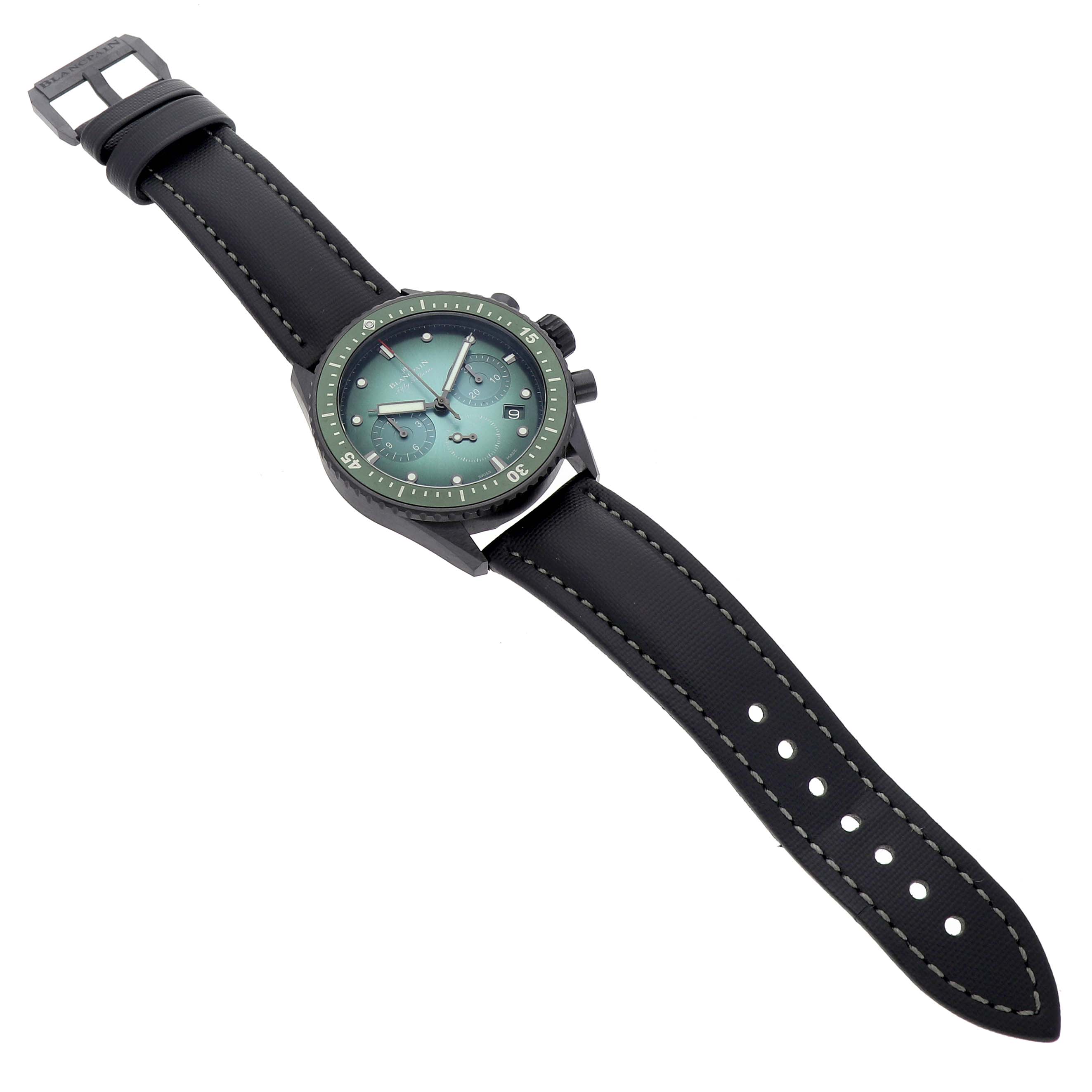The Blancpain Fifty Fathoms 5200-0153-B52A Men's Ceramic Green Dial watch is shown at a slight angle, revealing the dial, bezel, crown, and strap.