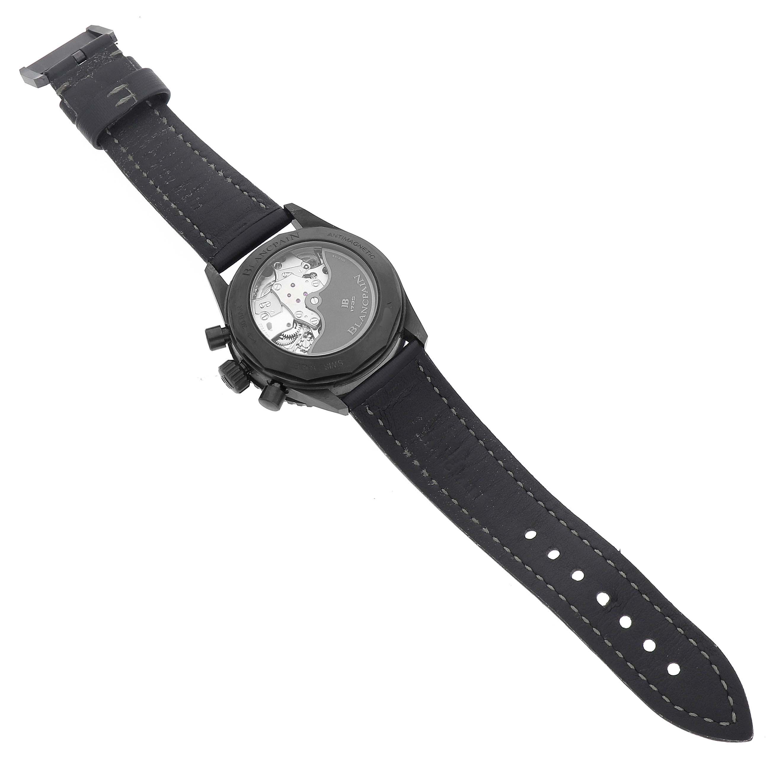 The image shows the Blancpain Fifty Fathoms 5200-0153-B52A Men's Ceramic Green Dial watch from the back, highlighting the case back and movement.