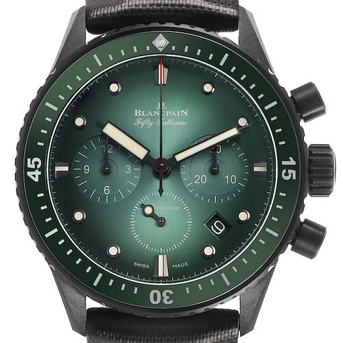 The watch is shown from a front angle, displaying the dial, bezel, and crown of the Blancpain Fifty Fathoms 5200-0153-B52A Men's Ceramic Green Dial model.