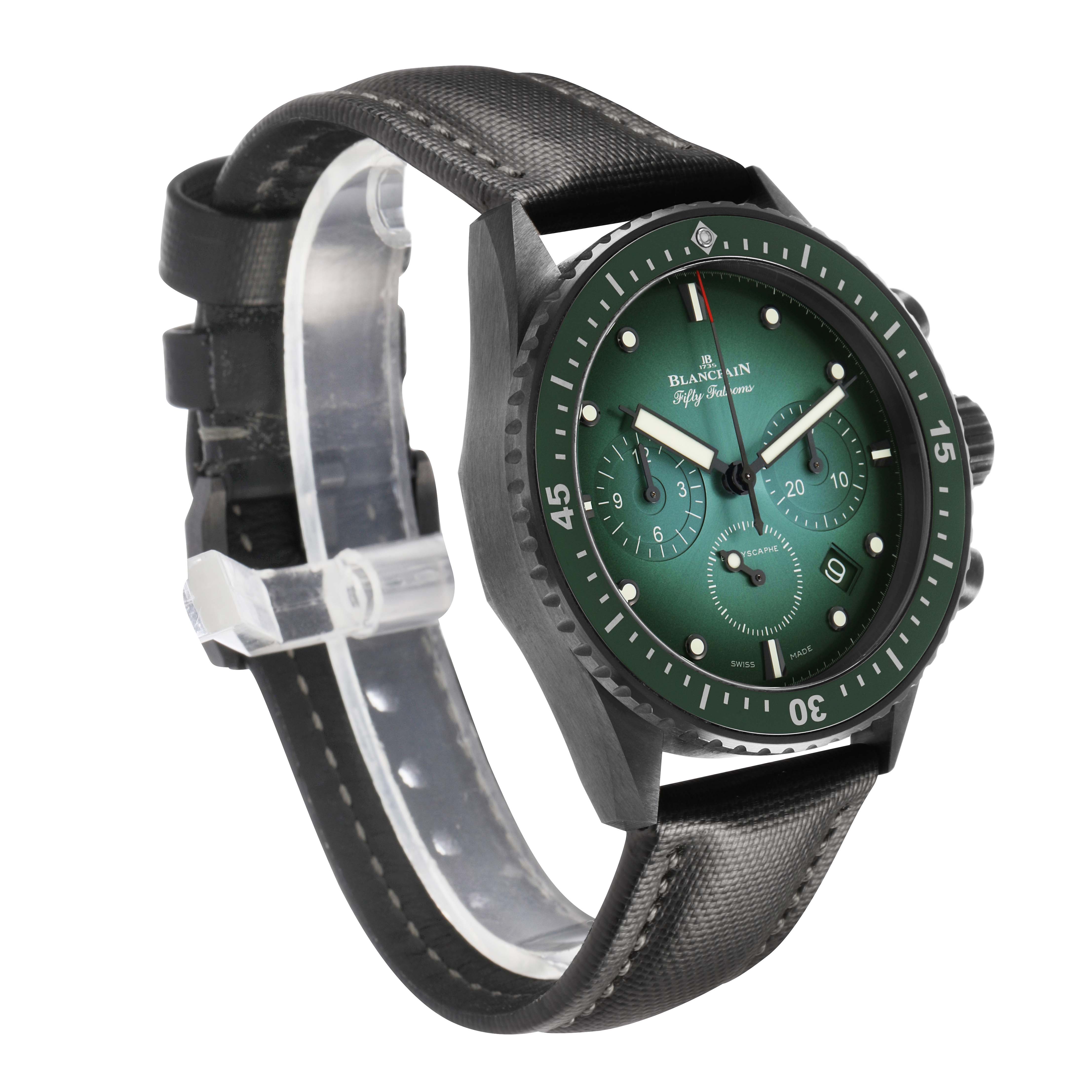 The Blancpain Fifty Fathoms 5200-0153-B52A Men's Ceramic Green Dial watch is shown at a three-quarter angle highlighting the face, bezel, strap, and side buttons.