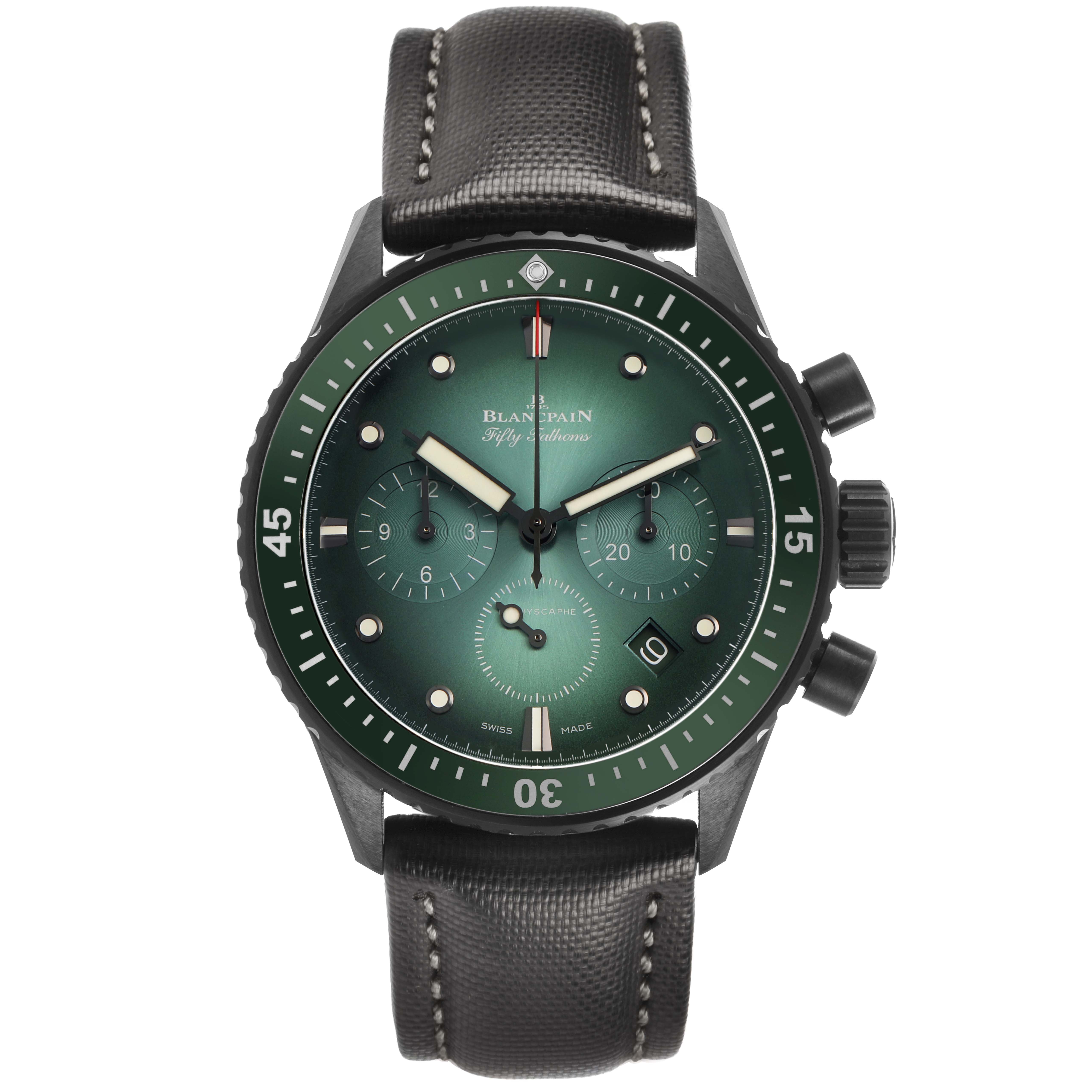 The Blancpain Fifty Fathoms 5200-0153-B52A Men's Ceramic Green Dial watch is shown from the front, featuring a green dial, chronograph subdials, bezel, and leather strap.