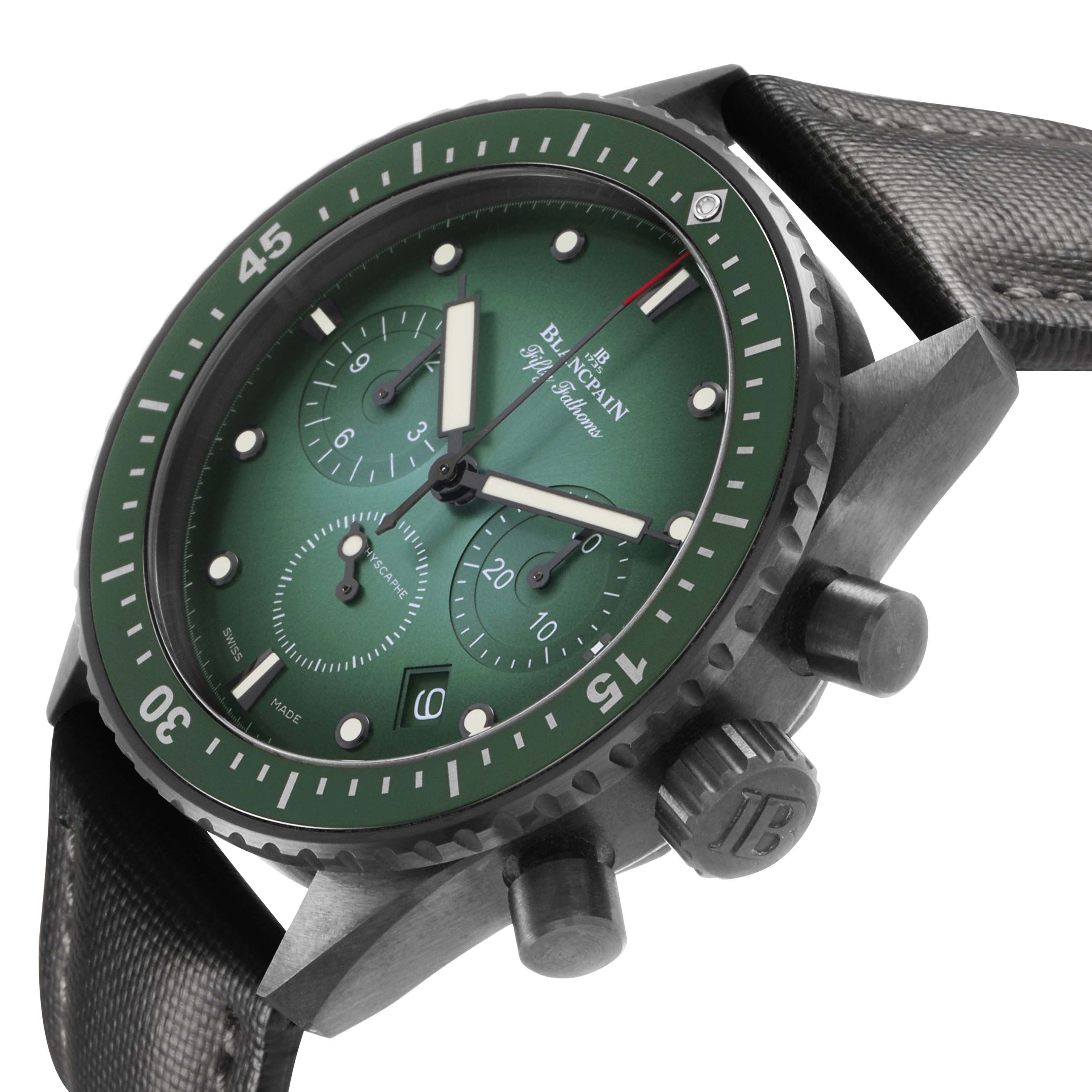 The Blancpain Fifty Fathoms 5200-0153-B52A Men's Ceramic Green Dial watch is shown at an angle highlighting the green dial, bezel, and crown with pushers.