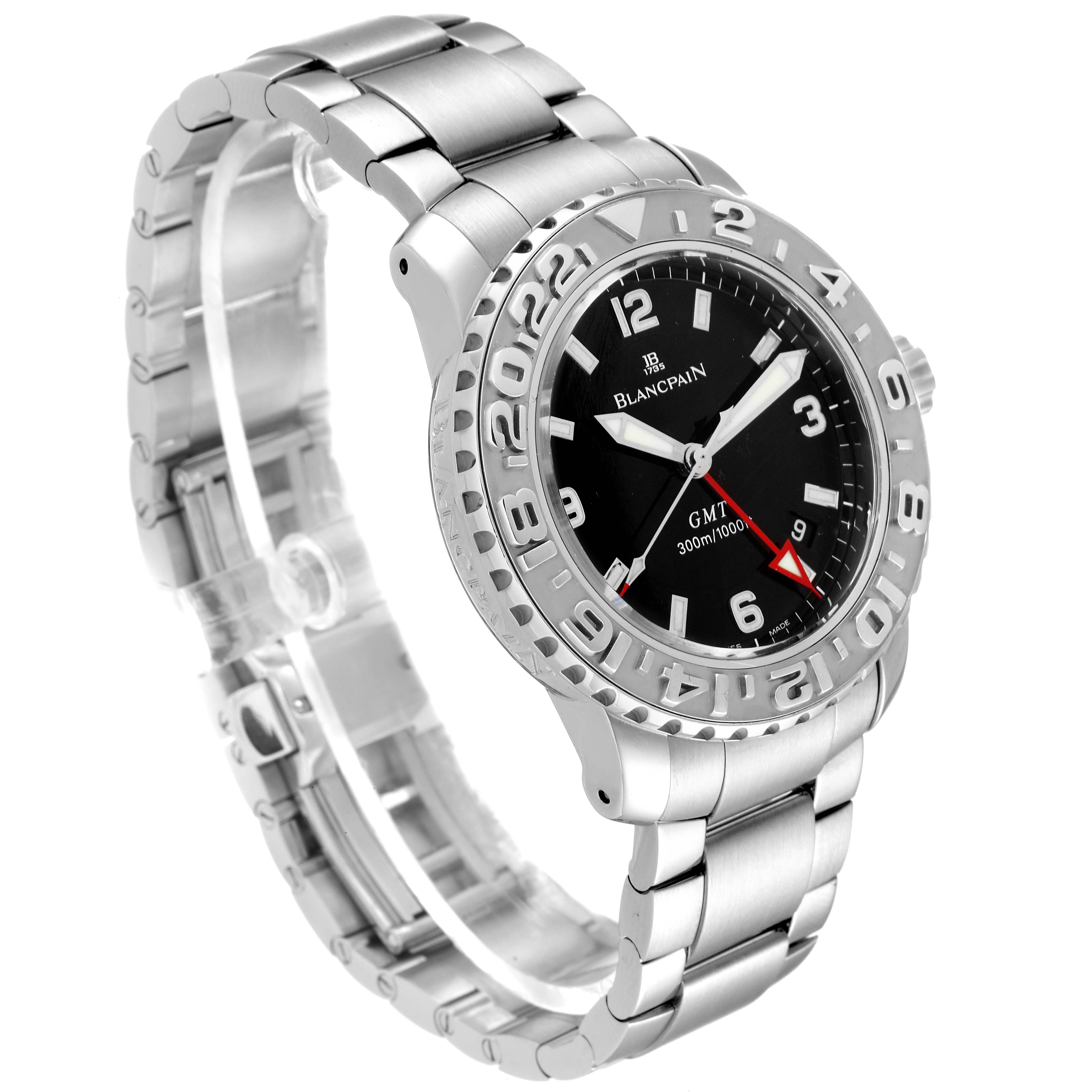 The image shows a Blancpain Fifty Fathoms 2250-1130-71 Men's Stainless Steel Black Dial 2250-1130-71 Men's Stainless Steel Black Dial GMT watch at a three-quarter view, highlighting the bezel, dial, and bracelet.