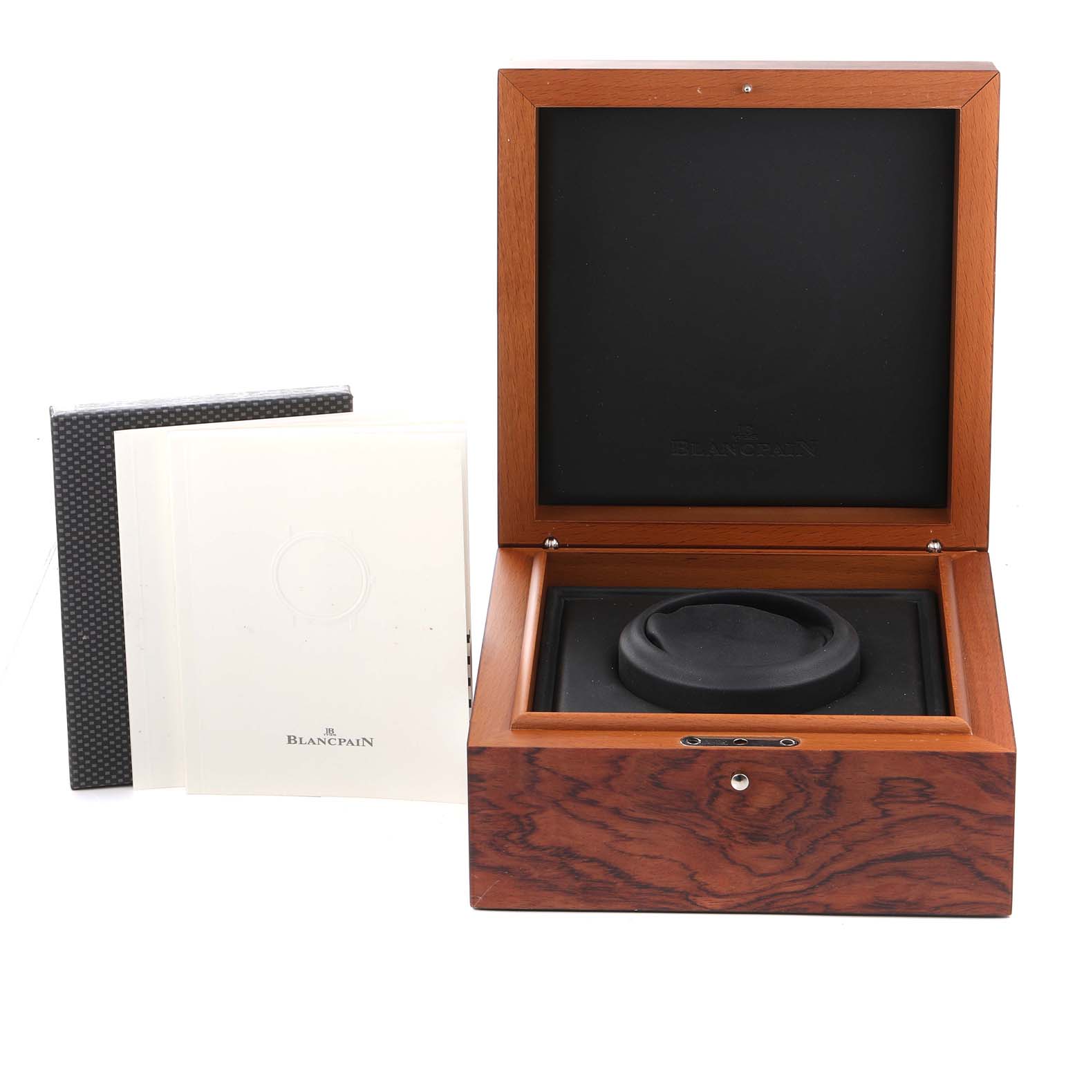 The image shows a Blancpain Fifty Fathoms 2250-1130-71 Men's Stainless Steel Black Dial 2250-1130-71 Men's Stainless Steel Black Dial watch box and accompanying booklets from a front angle.