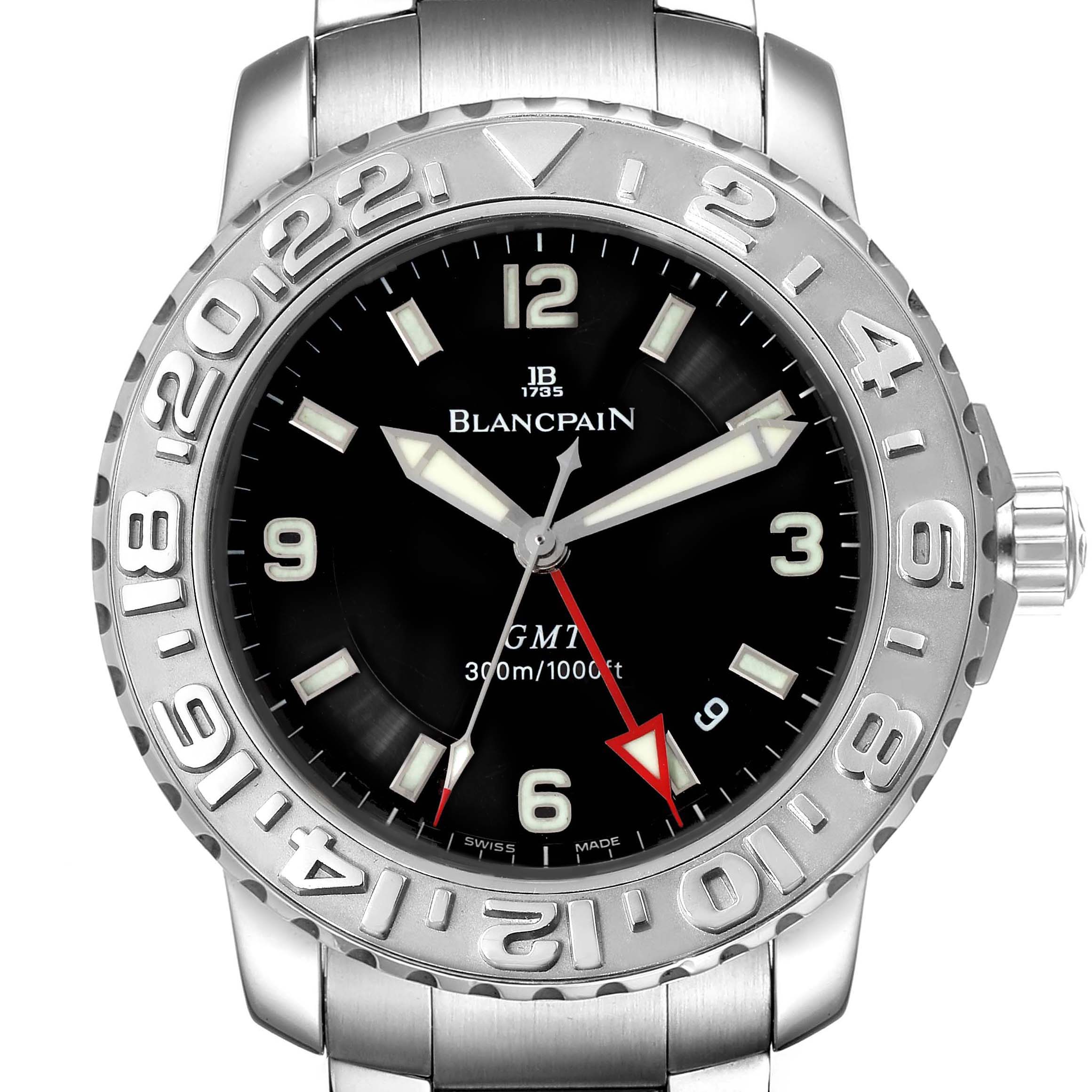 This image shows a front view of a Blancpain Fifty Fathoms 2250-1130-71 Men's Stainless Steel Black Dial 2250-1130-71 Men's Stainless Steel Black Dial watch, highlighting the bezel, dial, hands, and markers.