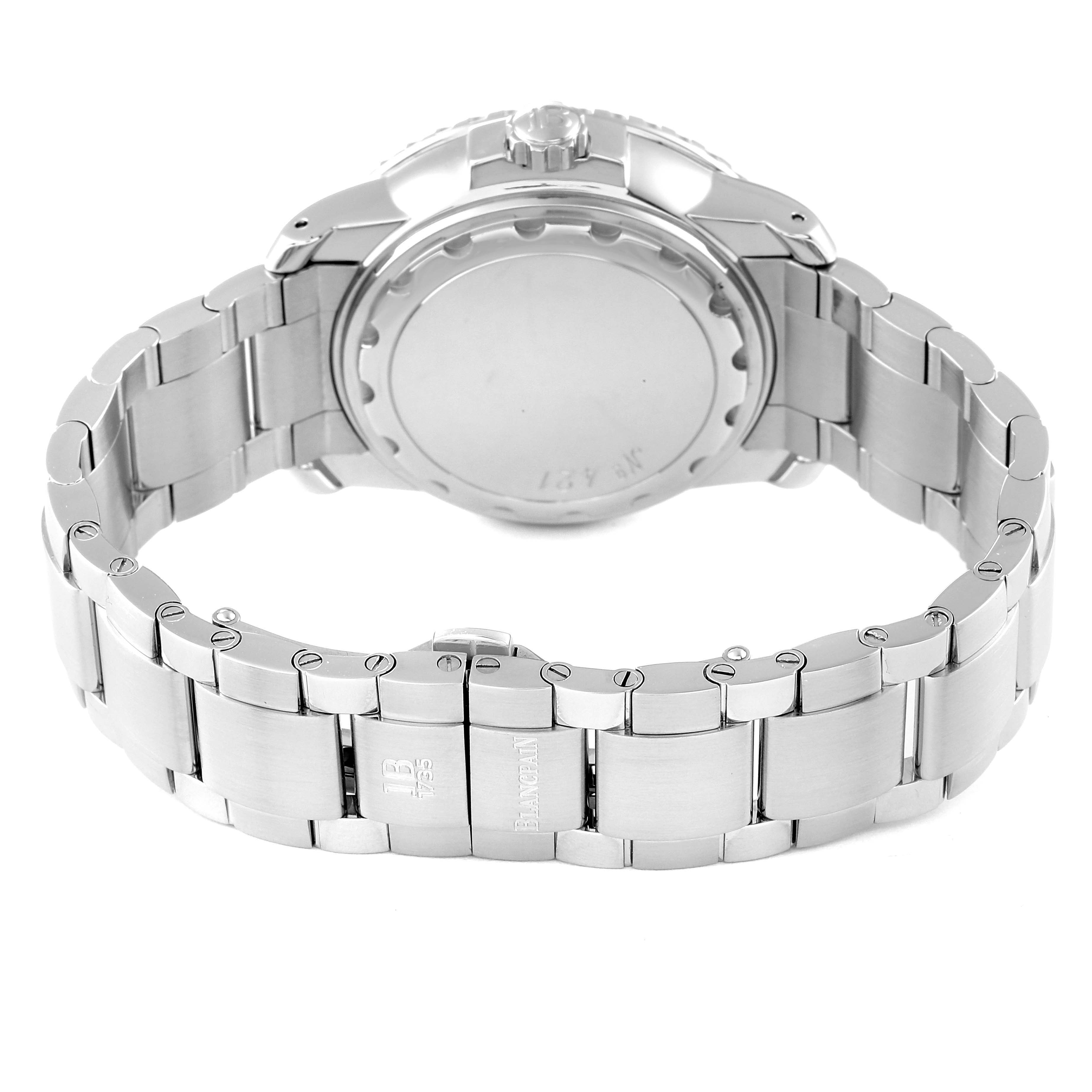 The image shows the rear of the Blancpain Fifty Fathoms 2250-1130-71 Men's Stainless Steel Black Dial 2250-1130-71 Men's Stainless Steel Black Dial watch, highlighting its stainless steel bracelet and case back.