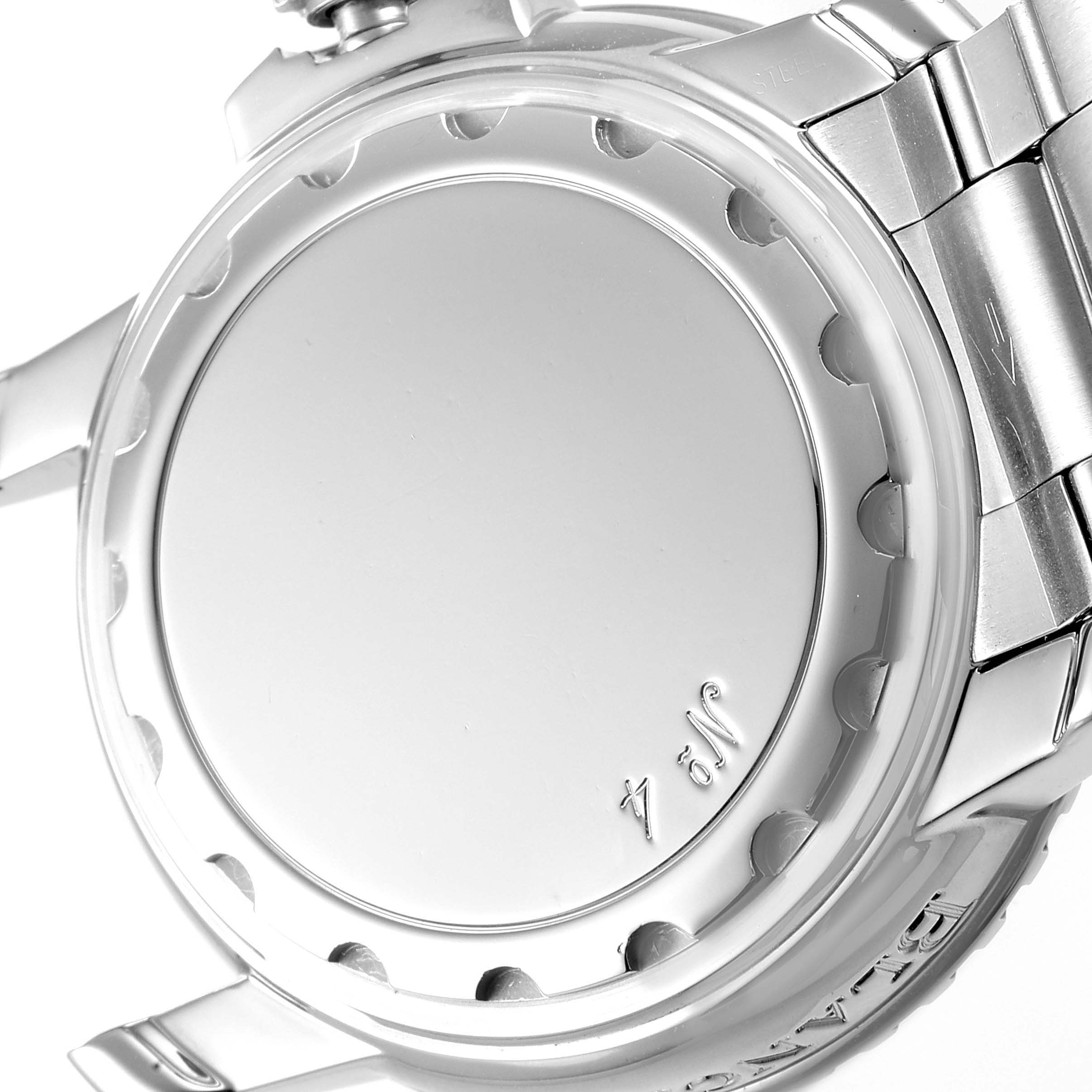 The image displays the back case and part of the bracelet of a Blancpain Fifty Fathoms 2250-1130-71 Men's Stainless Steel Black Dial 2250-1130-71 Men's Stainless Steel Black Dial watch.