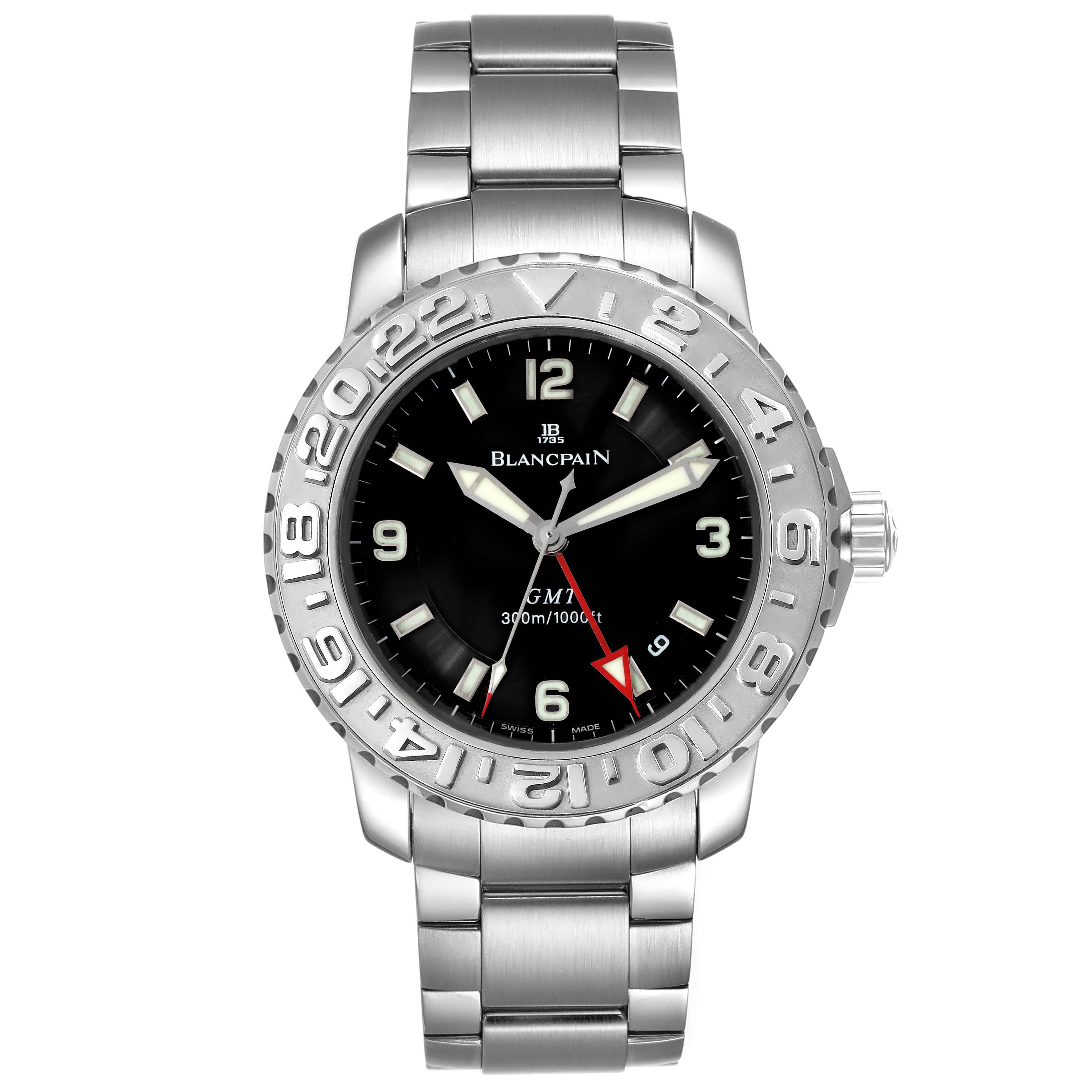 This image shows a frontal view of the Blancpain Fifty Fathoms 2250-1130-71 Men's Stainless Steel Black Dial 2250-1130-71 Men's Stainless Steel Black Dial watch, highlighting the bezel, dial, hands, and bracelet.