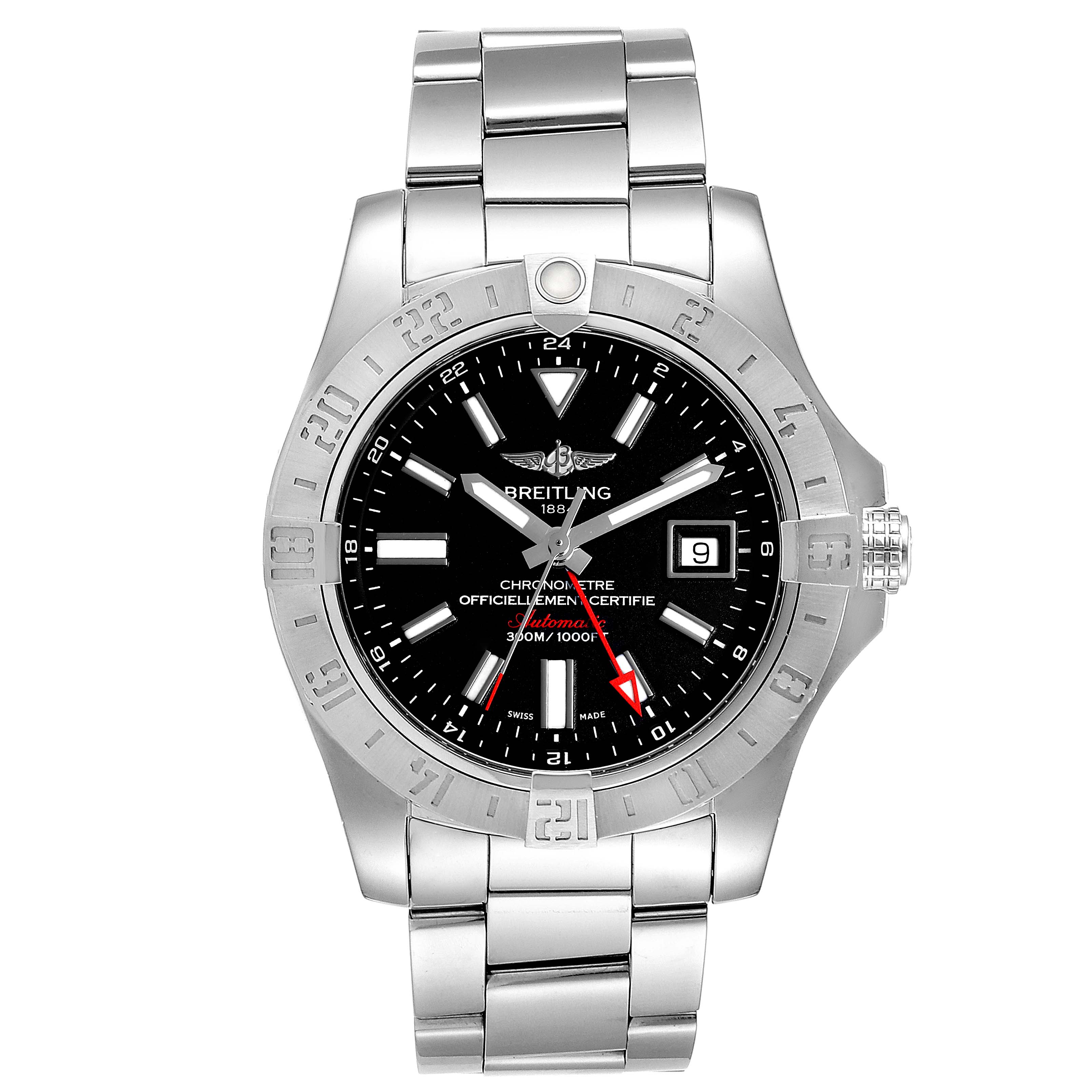 This image shows a front view of the Breitling Avenger A3239011-C872-170A  Men's Stainless Steel Black Dial A3239011-C872-170A  Men's Stainless Steel Black Dial watch, highlighting the dial, bezel, and bracelet.