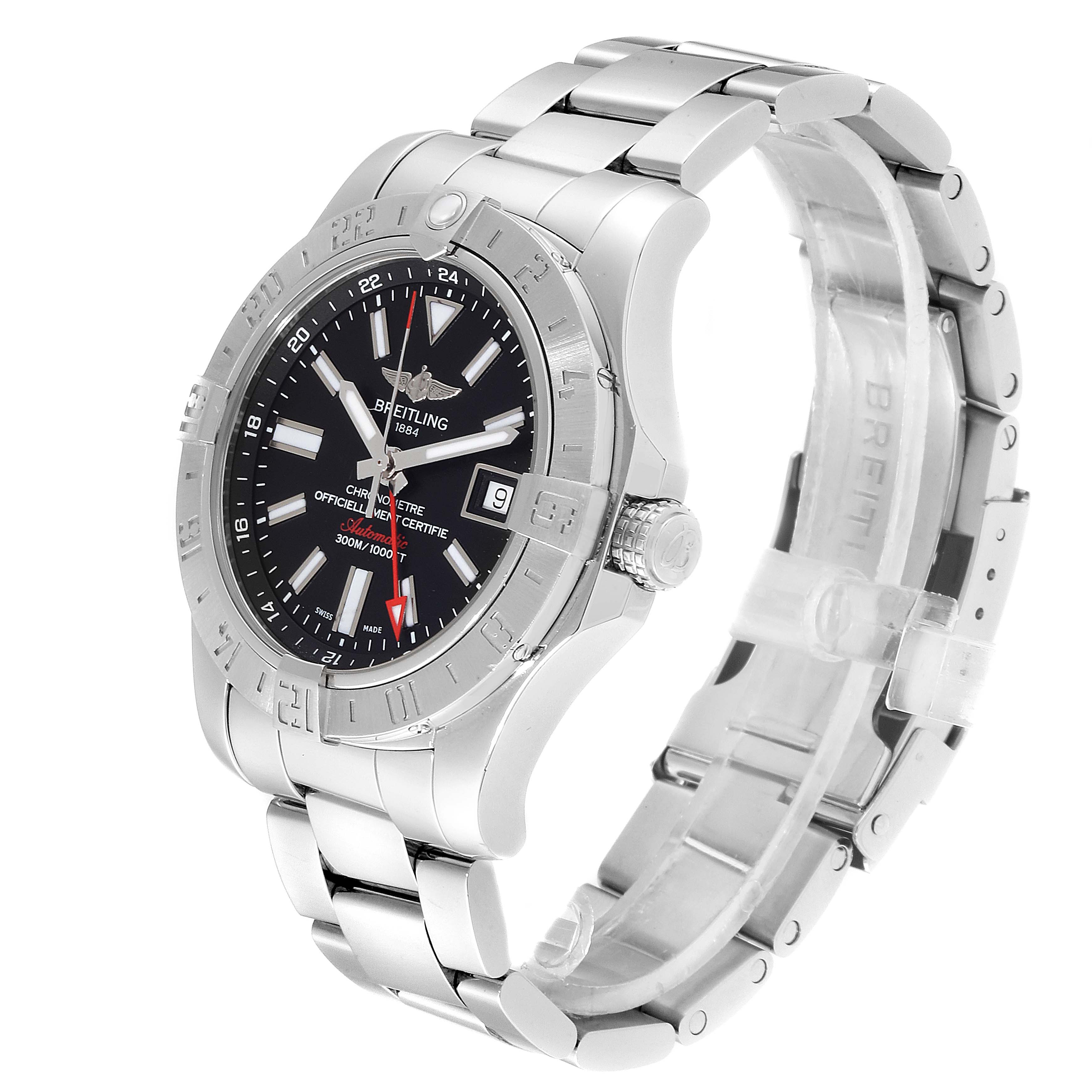 The image shows a side-angle view of a Breitling Avenger A3239011-C872-170A  Men's Stainless Steel Black Dial A3239011-C872-170A  Men's Stainless Steel Black Dial watch focusing on its face, bezel, and stainless steel bracelet.