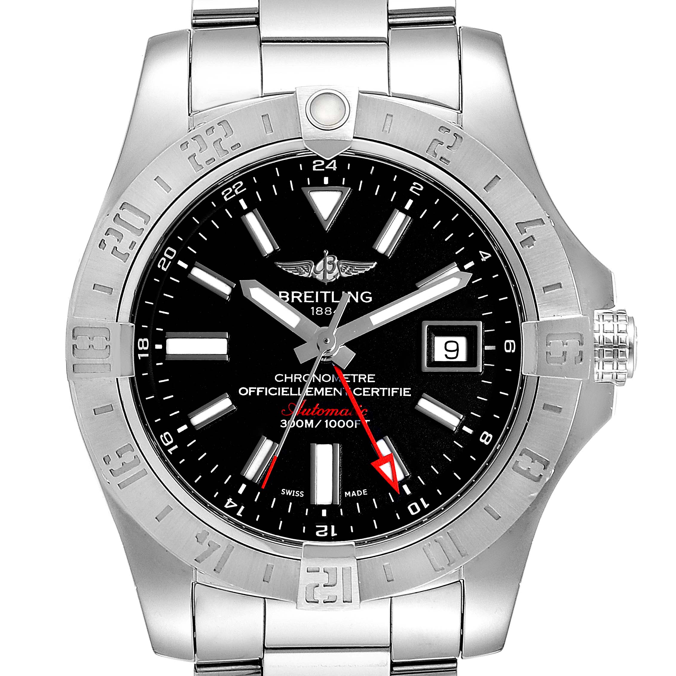 The image shows a front view of the Breitling Avenger A3239011-C872-170A  Men's Stainless Steel Black Dial A3239011-C872-170A  Men's Stainless Steel Black Dial watch, featuring its black dial, stainless steel bezel, and linked bracelet.