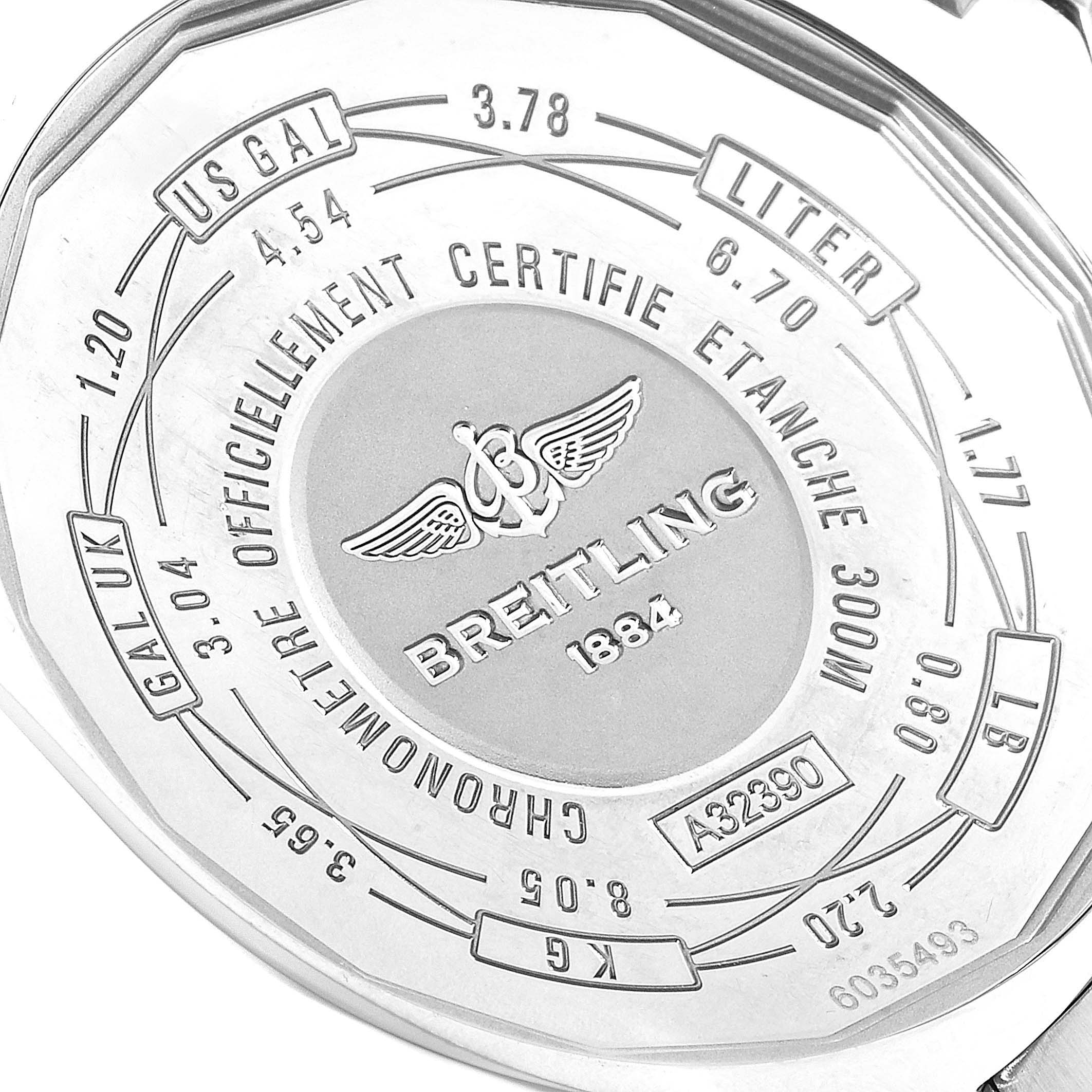 The image shows the back case of a Breitling Avenger A3239011-C872-170A  Men's Stainless Steel Black Dial A3239011-C872-170A  Men's Stainless Steel Black Dial watch, featuring brand inscriptions and unit conversion engraved markings.