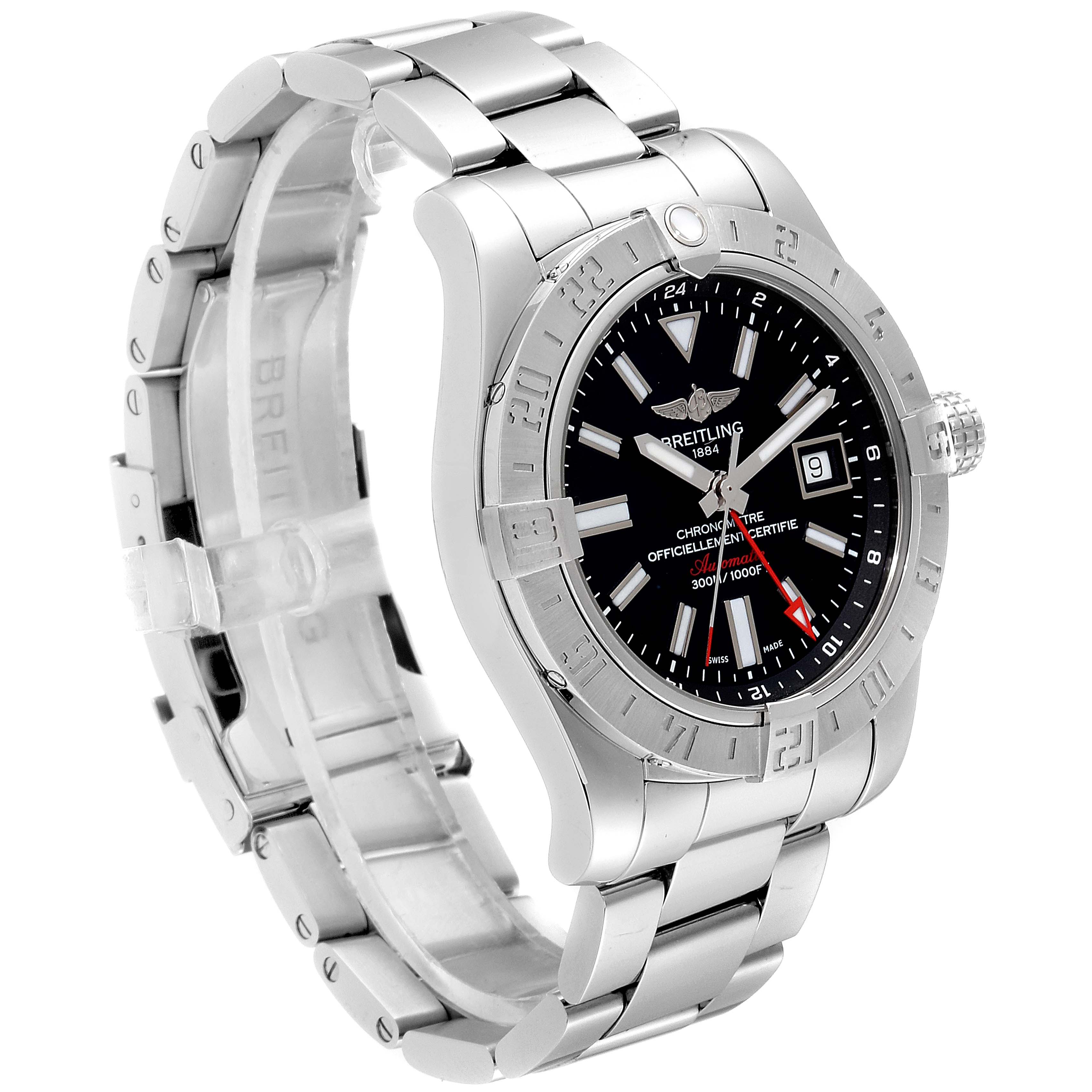 The image shows a Breitling Avenger A3239011-C872-170A  Men's Stainless Steel Black Dial A3239011-C872-170A  Men's Stainless Steel Black Dial watch from a slight side angle, highlighting the dial, bezel, crown, and stainless steel bracelet.