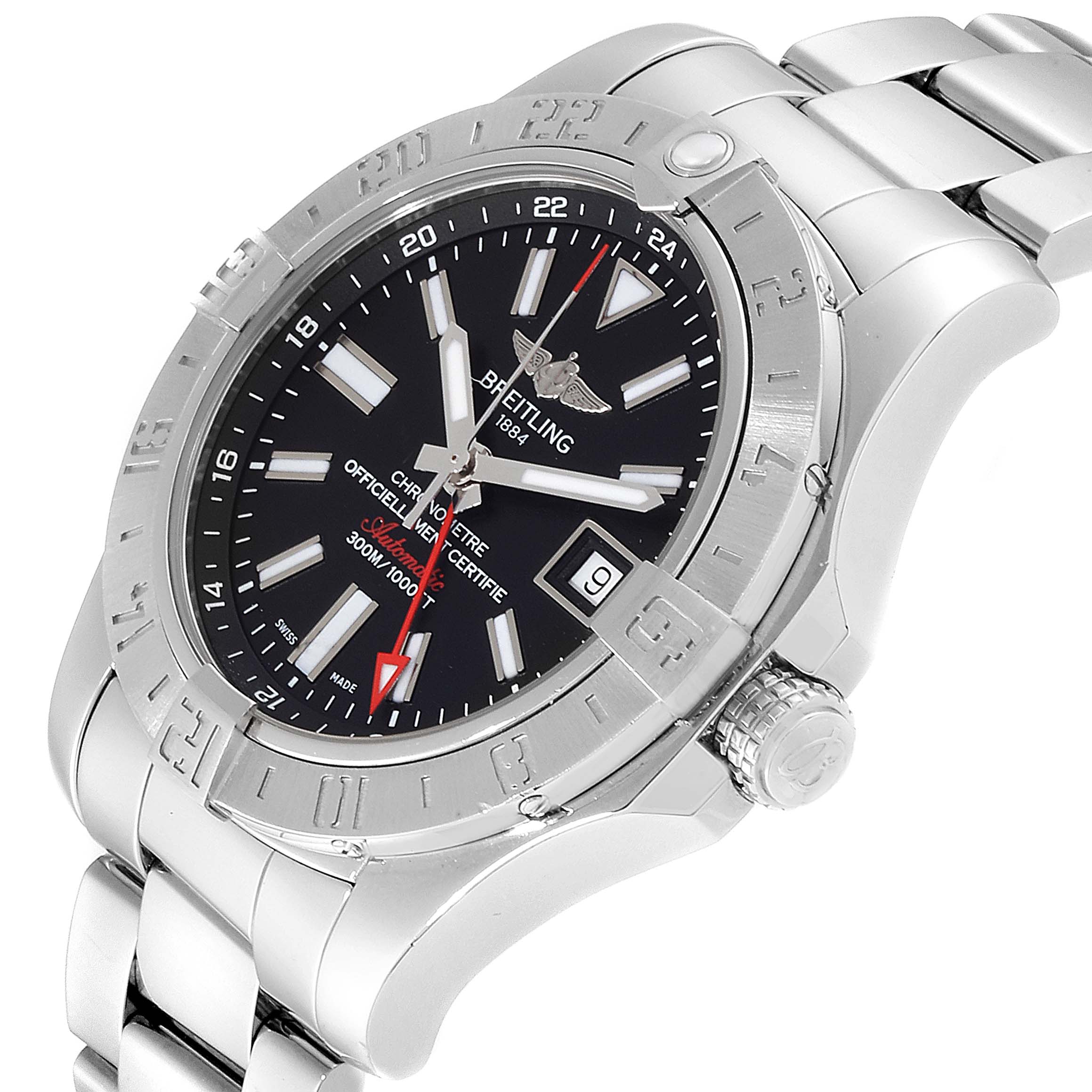 The image shows a close-up, angled view of the Breitling Avenger A3239011-C872-170A  Men's Stainless Steel Black Dial A3239011-C872-170A  Men's Stainless Steel Black Dial watch, displaying the dial, bezel, crown, and part of the bracelet.