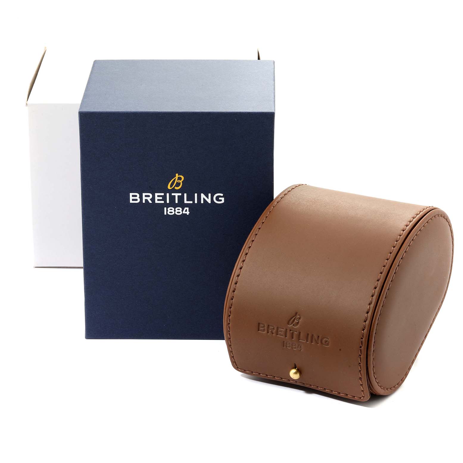 The image shows a Breitling Avenger A3239011-C872-170A  Men's Stainless Steel Black Dial A3239011-C872-170A  Men's Stainless Steel Black Dial watch box and a brown leather watch case from a slightly elevated front angle.