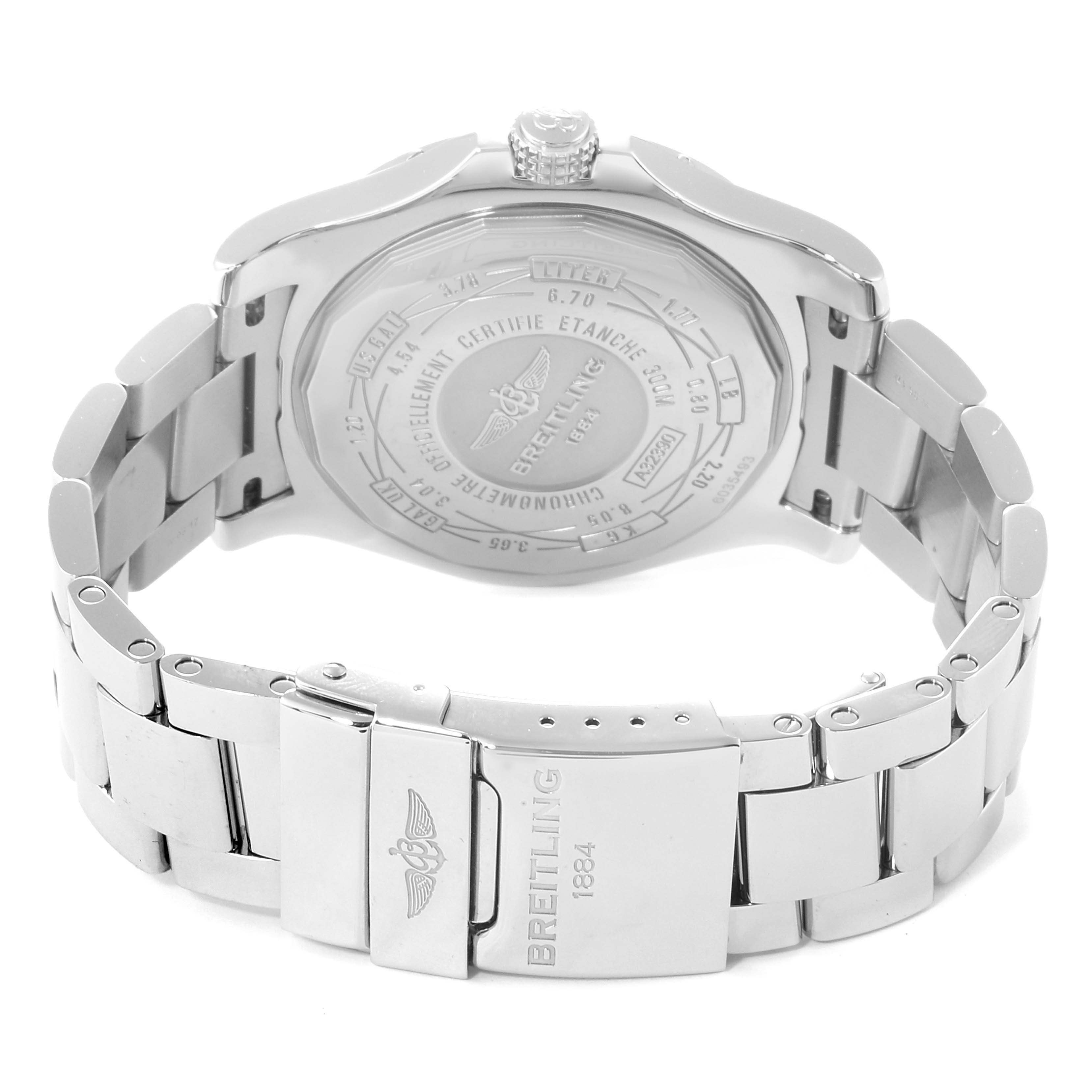 The image shows the backside and clasp of a Breitling Avenger A3239011-C872-170A  Men's Stainless Steel Black Dial A3239011-C872-170A  Men's Stainless Steel Black Dial watch, highlighting the engraved case back and metal bracelet.