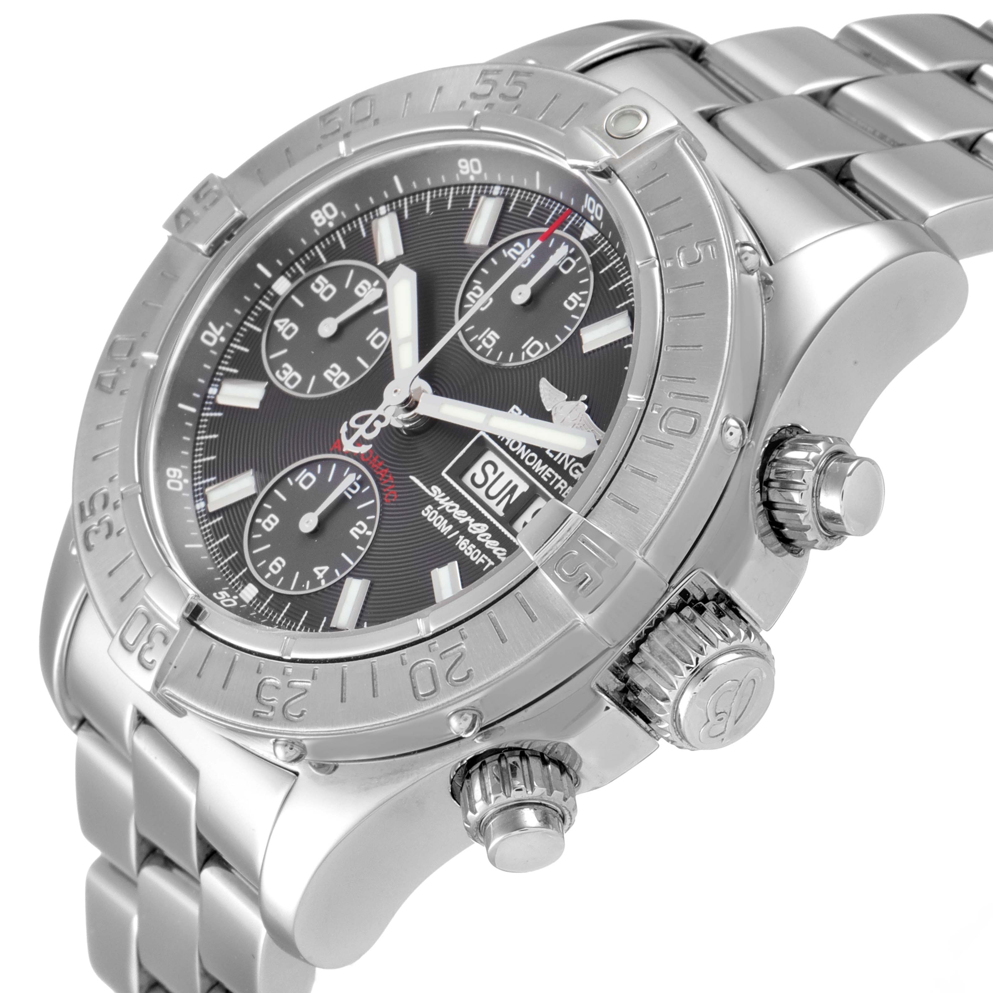 The image shows a close-up, angled view of a Breitling Superocean A13340 Men's Stainless Steel Grey Dial A13340 Men's Stainless Steel Grey Dial watch, highlighting its bezel, dial, and crown.