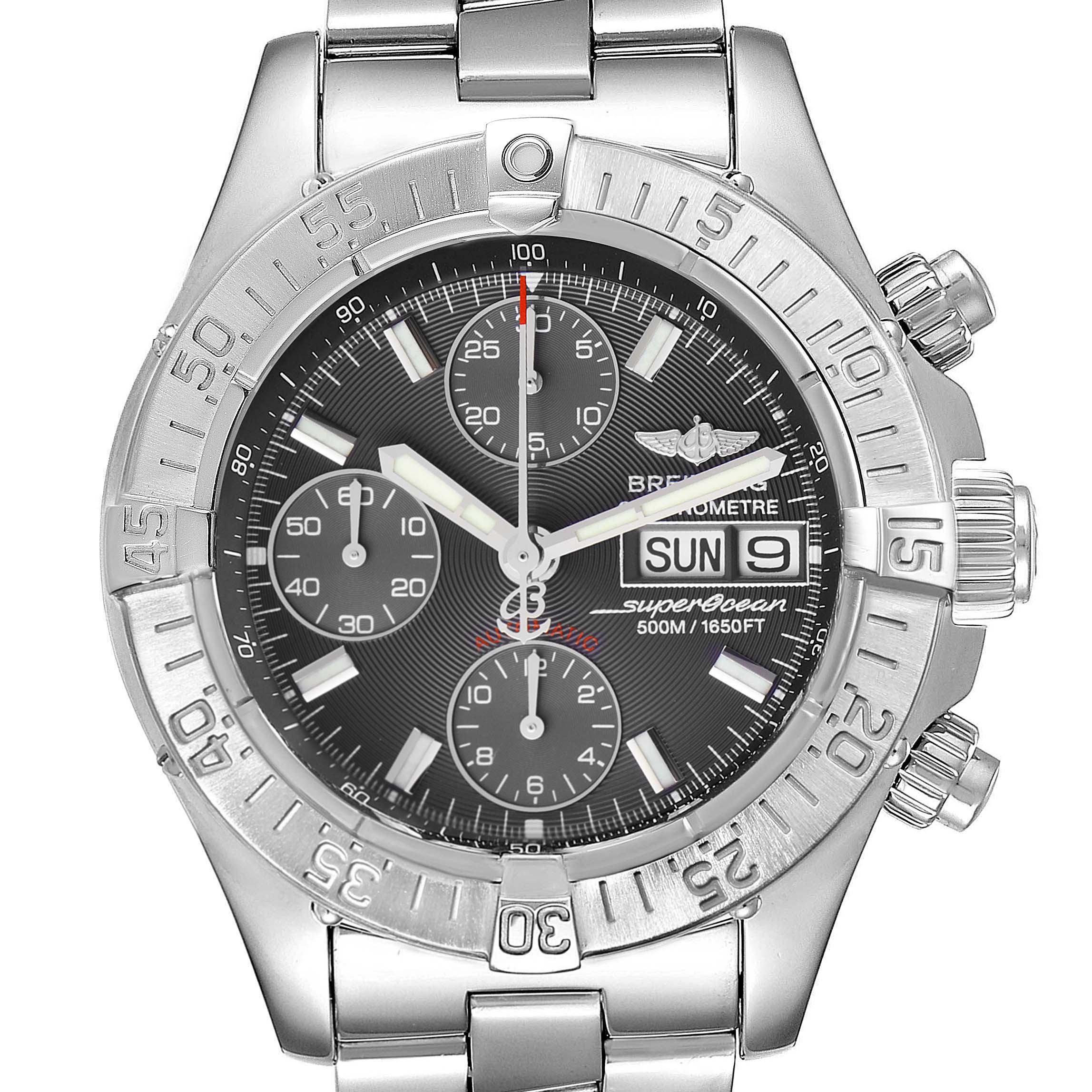 This image shows a front-facing view of a Breitling Superocean A13340 Men's Stainless Steel Grey Dial A13340 Men's Stainless Steel Grey Dial watch, detailing the dial, bezel, and part of the metal bracelet.
