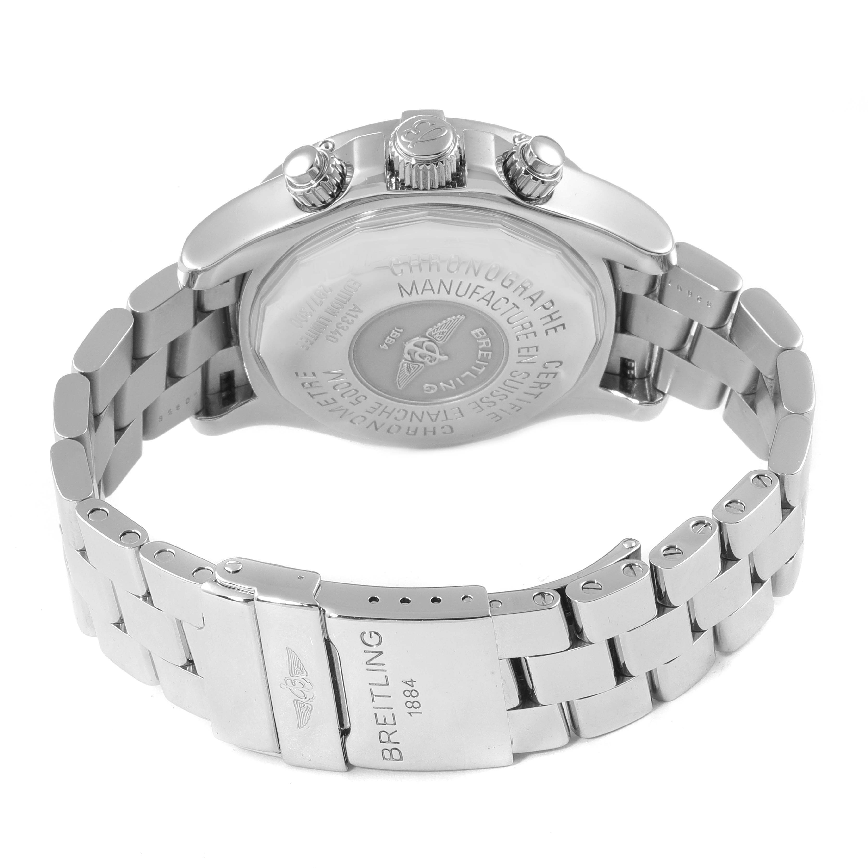 The image shows the back case, crown, pushers, and bracelet with a clasp of the Breitling Superocean A13340 Men's Stainless Steel Grey Dial A13340 Men's Stainless Steel Grey Dial watch.