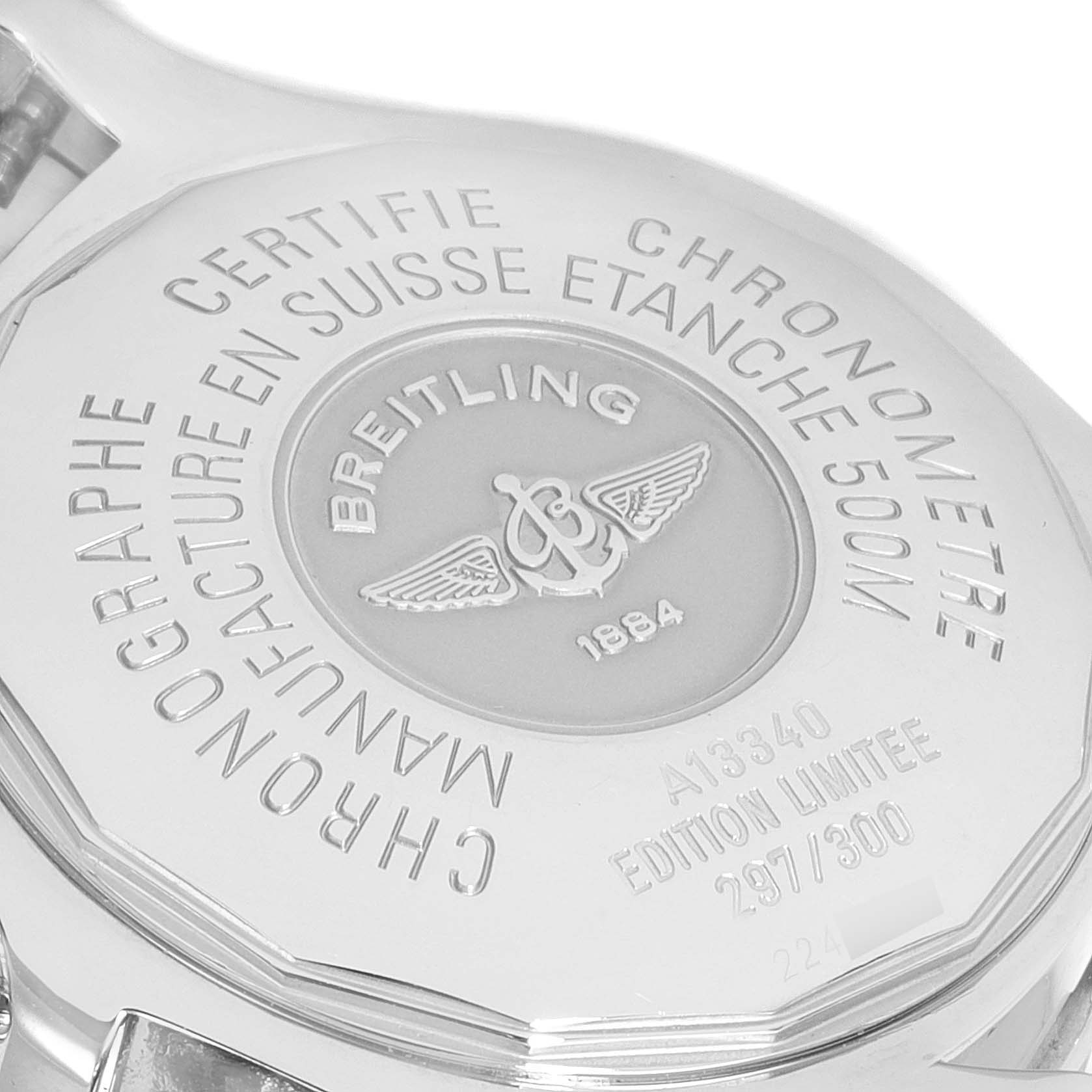 The image shows the back case of a Breitling Superocean A13340 Men's Stainless Steel Grey Dial A13340 Men's Stainless Steel Grey Dial watch with engravings and branding details.