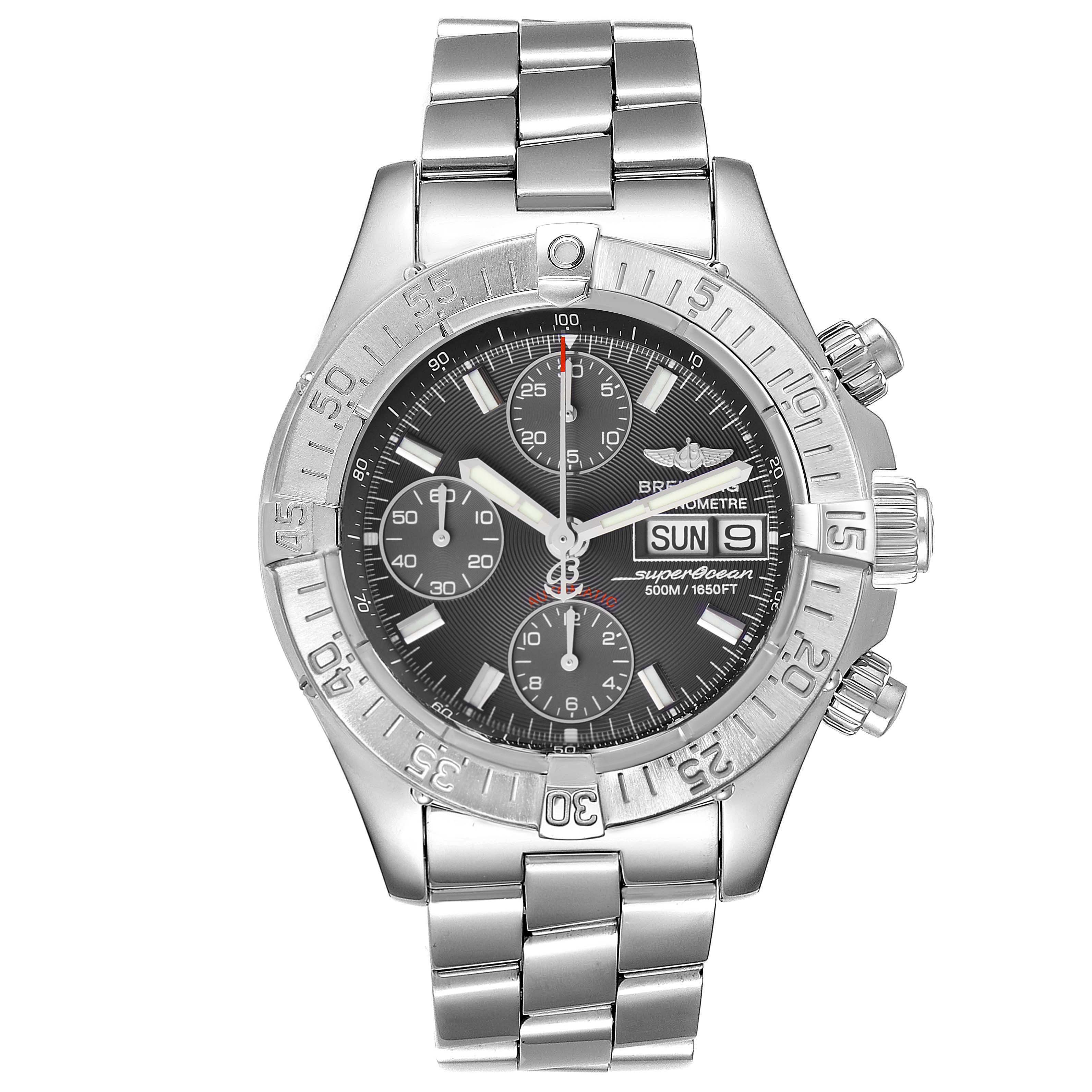 The image shows a front view of the Breitling Superocean A13340 Men's Stainless Steel Grey Dial A13340 Men's Stainless Steel Grey Dial watch, displaying the dial, bezel, bracelet, and chronograph subdials.