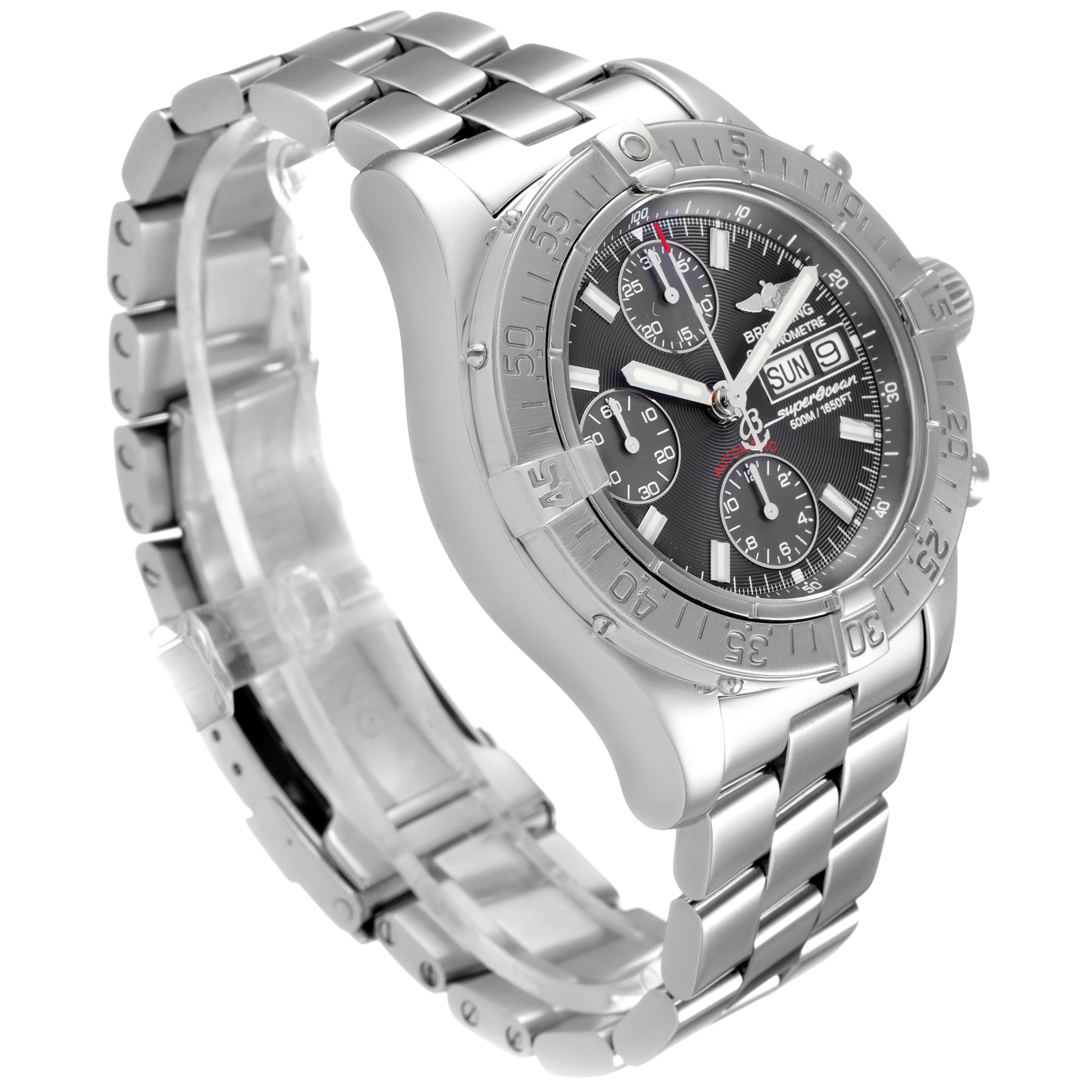 The image shows a Breitling Superocean A13340 Men's Stainless Steel Grey Dial A13340 Men's Stainless Steel Grey Dial watch at a three-quarter angle, highlighting its face, bezel, and metal bracelet.