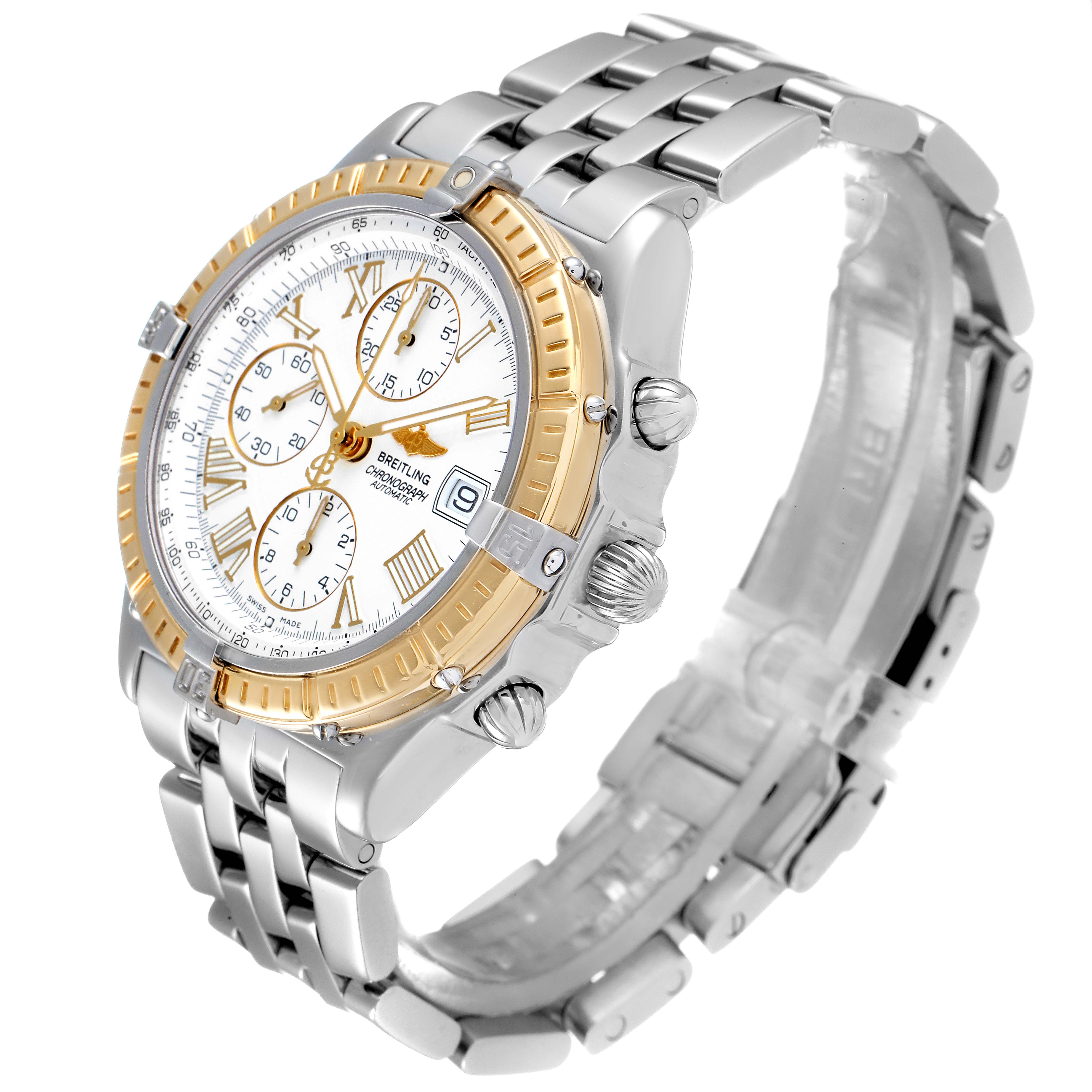 The image shows a Breitling Chronomat D13055 Men's Steel and Gold (two tone) White Dial D13055 Men's Steel and Gold (two tone) White Dial watch at an angled side view, highlighting its bezel, dials, and metal strap.