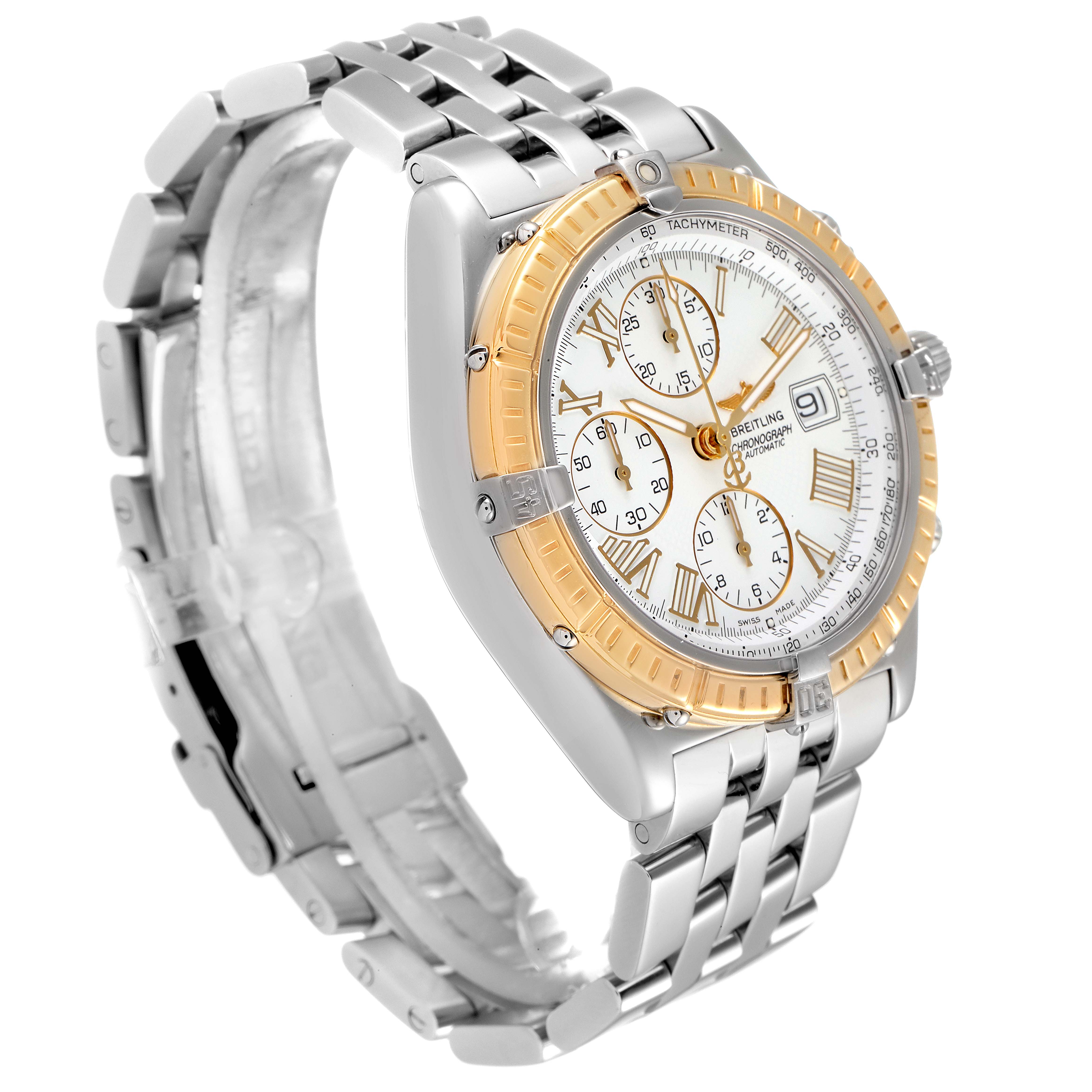 The Breitling Chronomat D13055 Men's Steel and Gold (two tone) White Dial D13055 Men's Steel and Gold (two tone) White Dial watch is shown at a three-quarter angle, highlighting the dial, bezel, and metal bracelet.