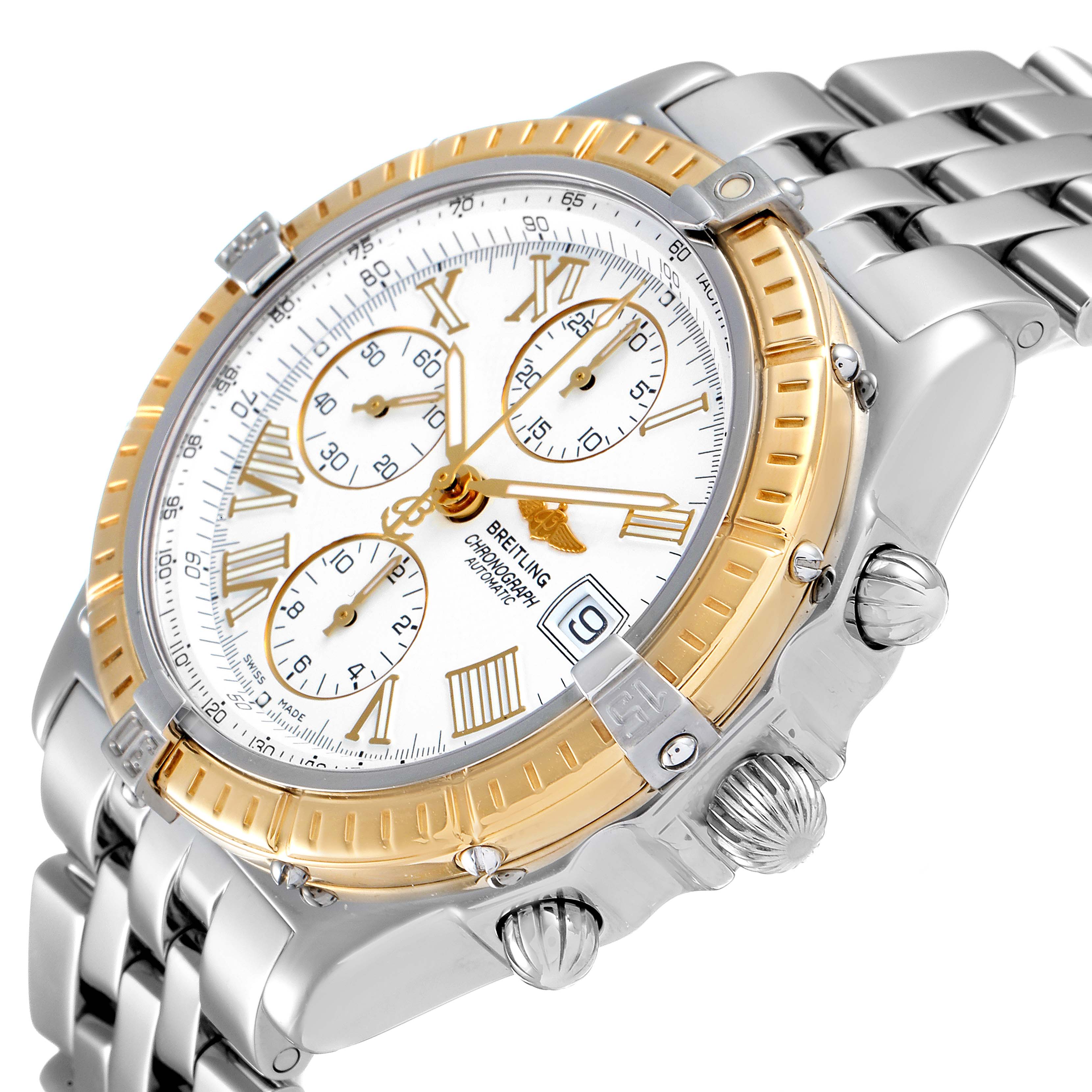 The image shows a Breitling Chronomat D13055 Men's Steel and Gold (two tone) White Dial D13055 Men's Steel and Gold (two tone) White Dial watch at an angled view, highlighting its dial, bezel, crown, and part of the bracelet.