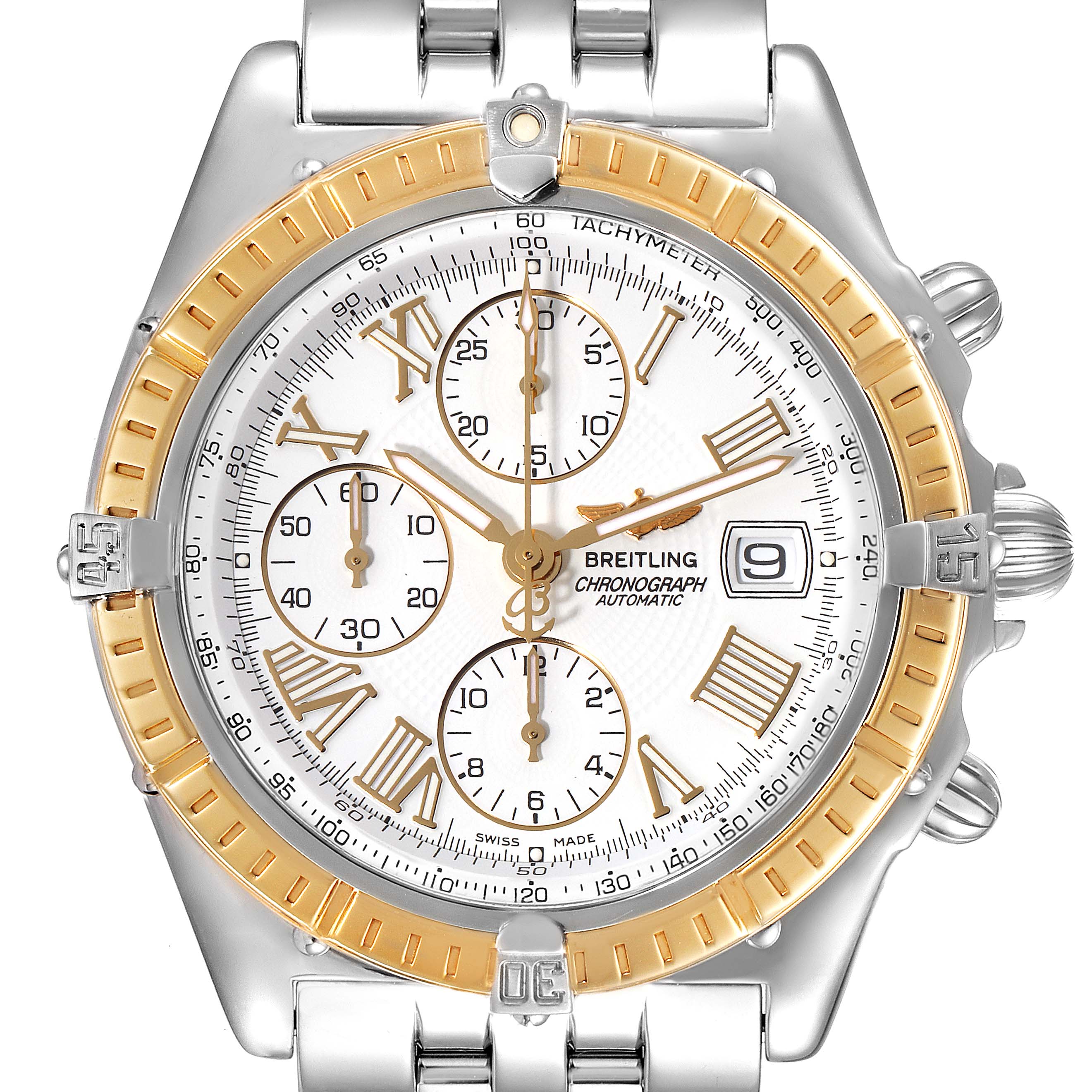 The image shows a Breitling Chronomat D13055 Men's Steel and Gold (two tone) White Dial D13055 Men's Steel and Gold (two tone) White Dial watch, highlighting its face, bezel, and part of the bracelet from a front angle.