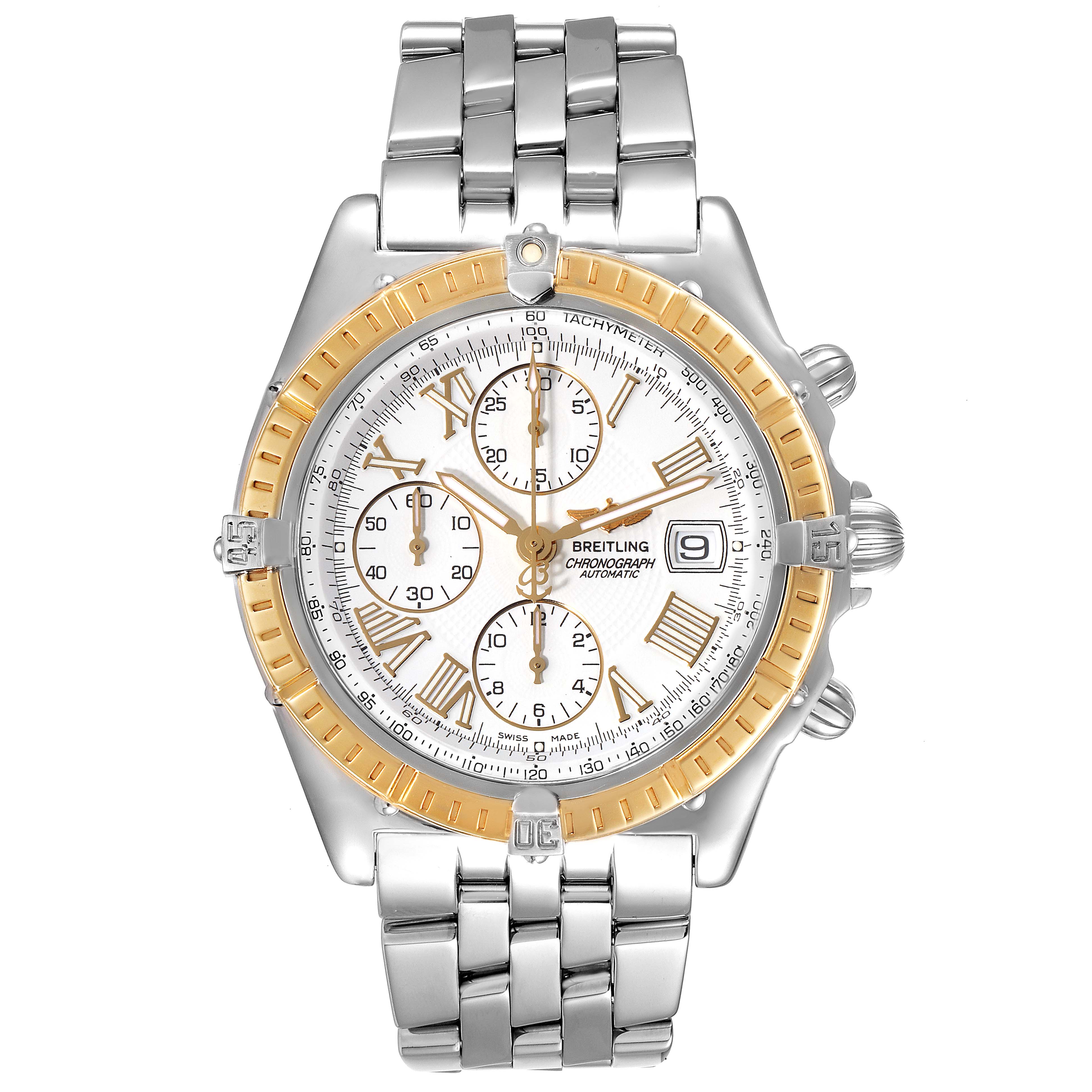 The image shows a Breitling Chronomat D13055 Men's Steel and Gold (two tone) White Dial D13055 Men's Steel and Gold (two tone) White Dial watch from a frontal angle, highlighting its dial, bezel, and bracelet.
