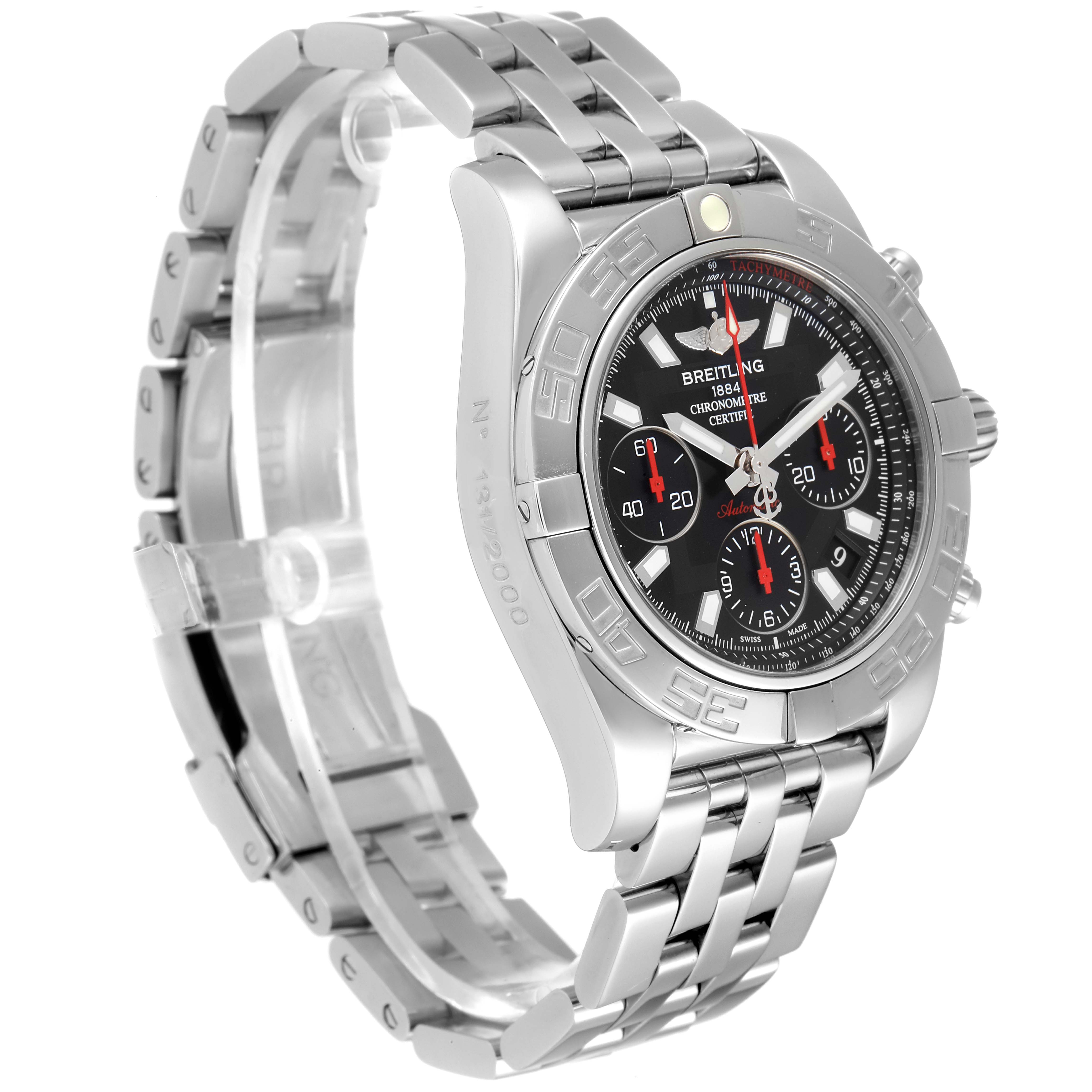 The Breitling Chronomat AB0141 Men's Stainless Steel Black Dial AB0141 Men's Stainless Steel Black Dial watch is shown at an angle displaying the face, bezel, and part of the bracelet.