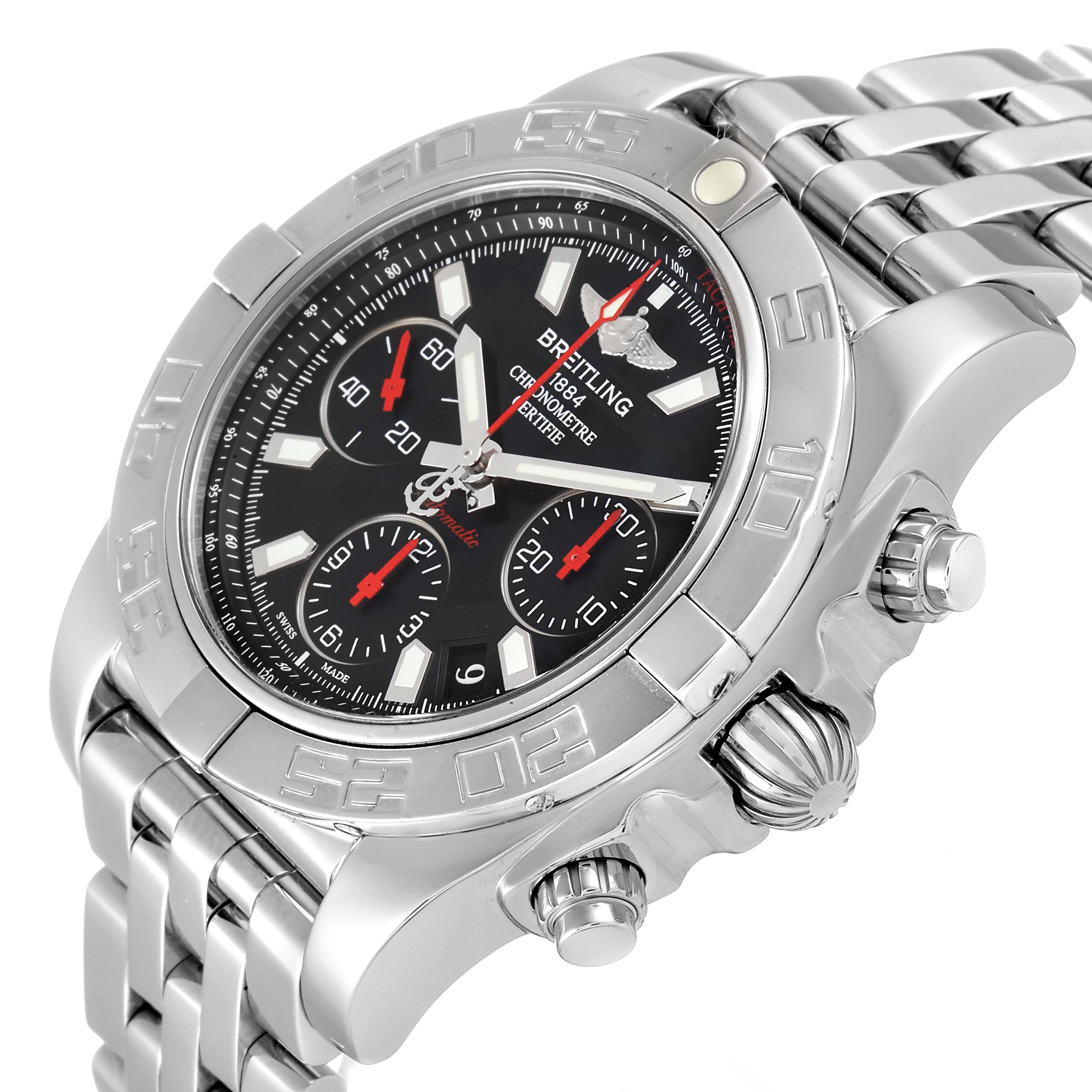 The Breitling Chronomat AB0141 Men's Stainless Steel Black Dial AB0141 Men's Stainless Steel Black Dial watch is shown at a slight angle, highlighting the bezel, subdials, crown, and stainless steel bracelet.