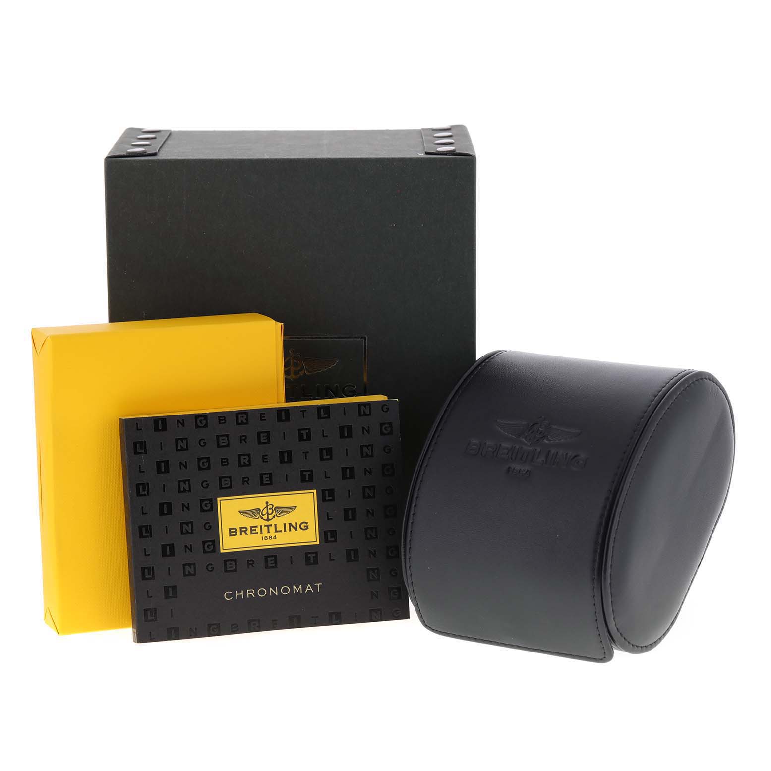 The image shows the packaging for the Breitling Chronomat AB0141 Men's Stainless Steel Black Dial AB0141 Men's Stainless Steel Black Dial, including a black box, a yellow box, a booklet, and a black leather case.