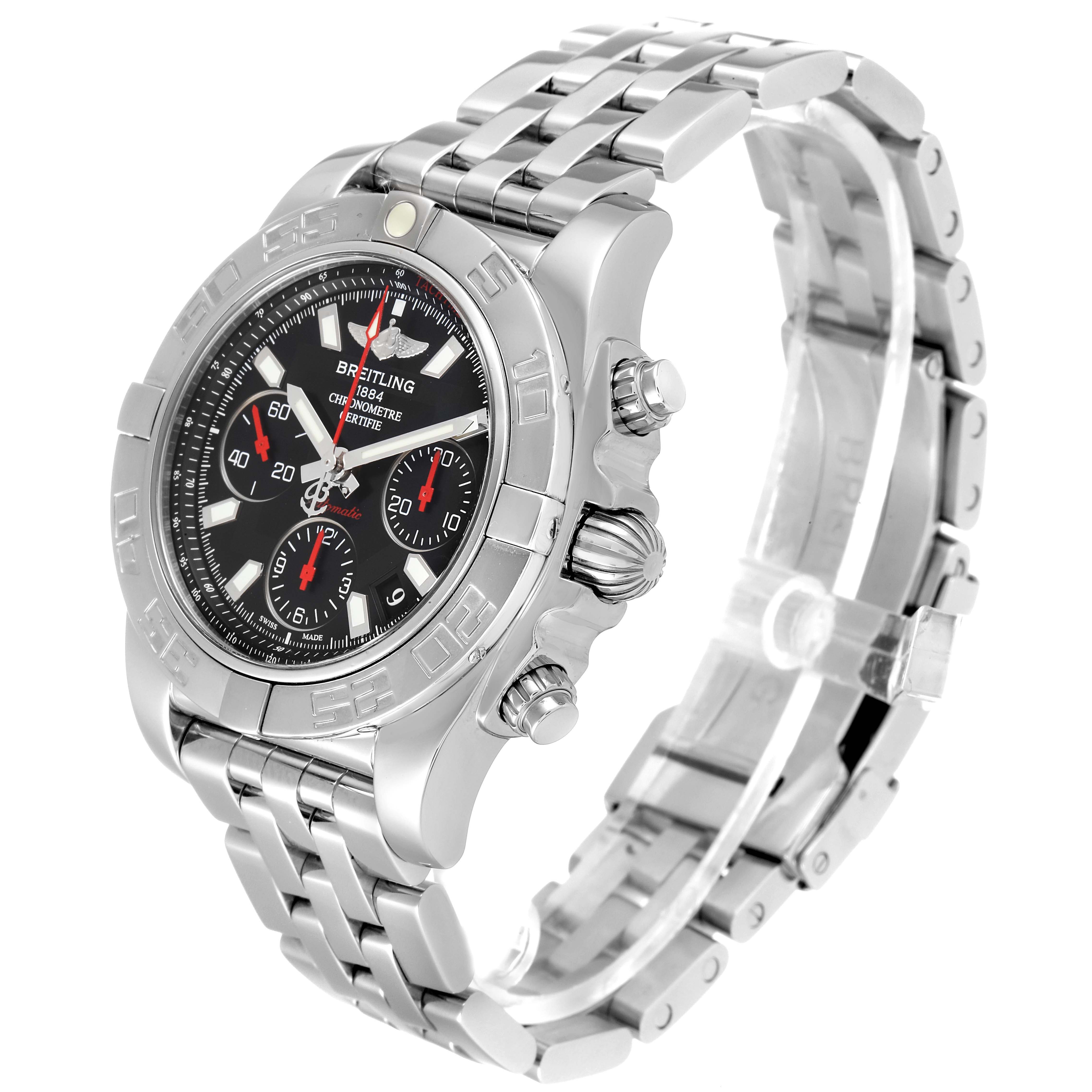 The Breitling Chronomat AB0141 Men's Stainless Steel Black Dial AB0141 Men's Stainless Steel Black Dial watch is shown at a three-quarter angle, highlighting the dial, bezel, and stainless steel bracelet.