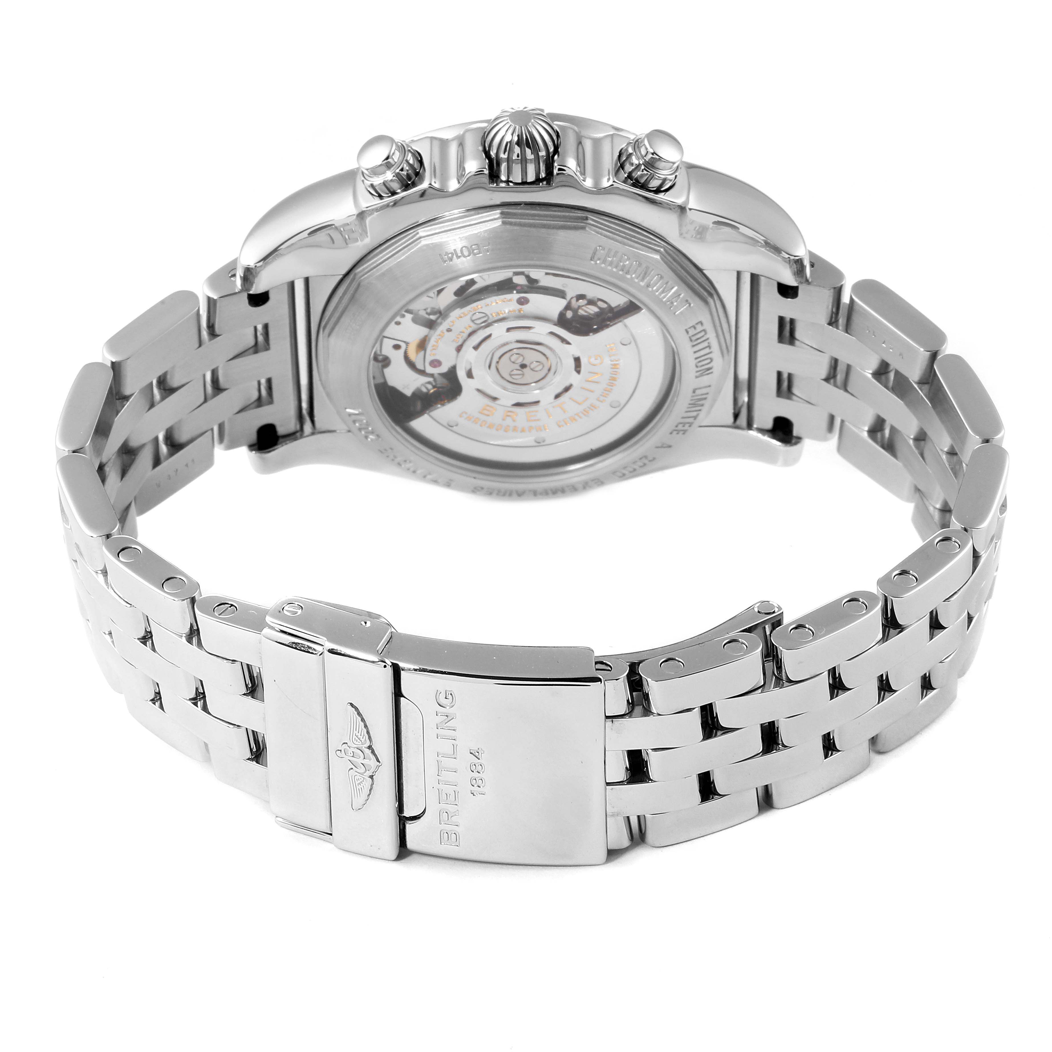 The image shows the back and bracelet of the Breitling Chronomat AB0141 Men's Stainless Steel Black Dial AB0141 Men's Stainless Steel Black Dial watch, highlighting its case back and deployment clasp.
