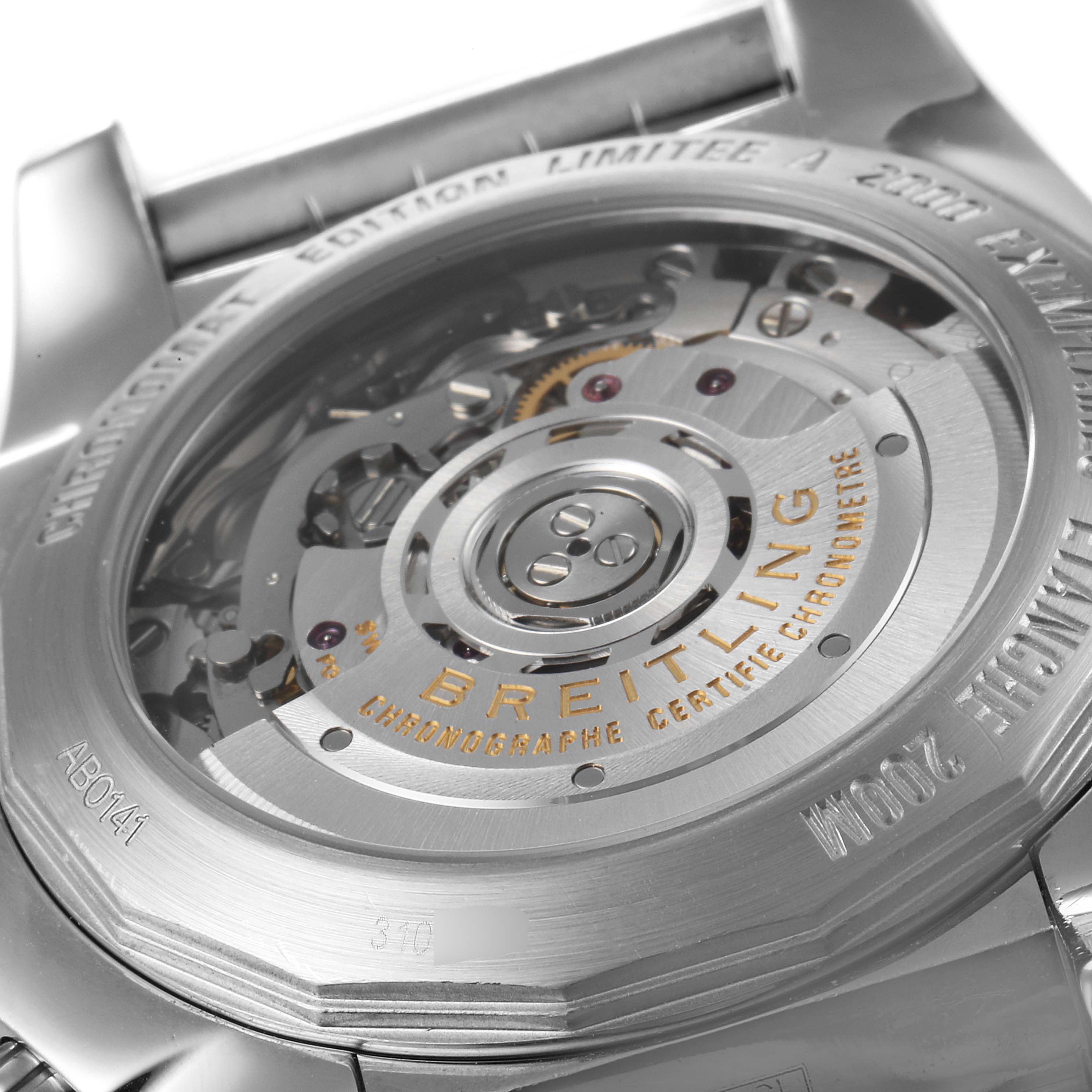 The image shows the back case and mechanical movement of the Breitling Chronomat AB0141 Men's Stainless Steel Black Dial AB0141 Men's Stainless Steel Black Dial watch, viewed at a slight angle.