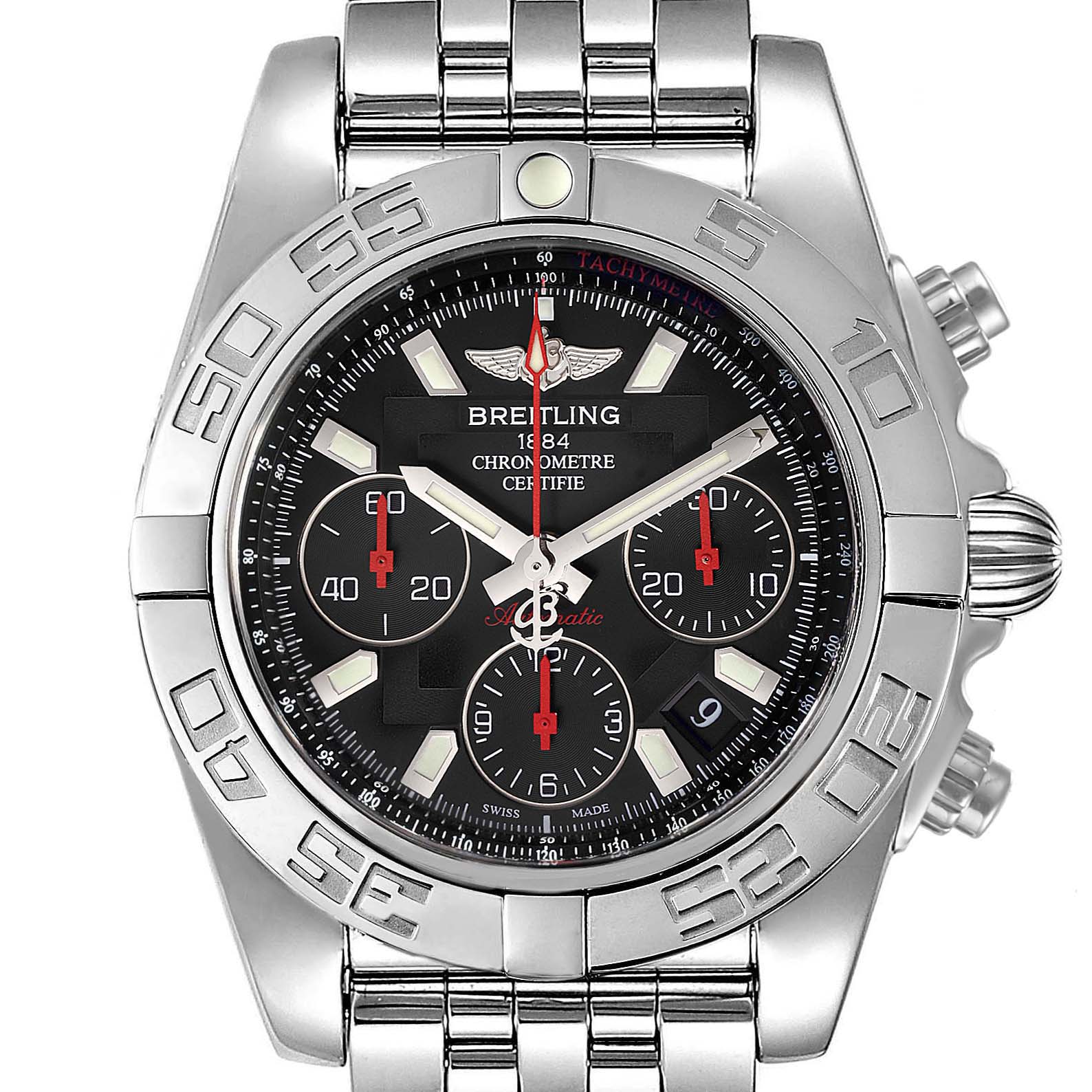 The image shows a front view of the Breitling Chronomat AB0141 Men's Stainless Steel Black Dial AB0141 Men's Stainless Steel Black Dial watch, highlighting its stainless steel case, bracelet, and chronograph dials.