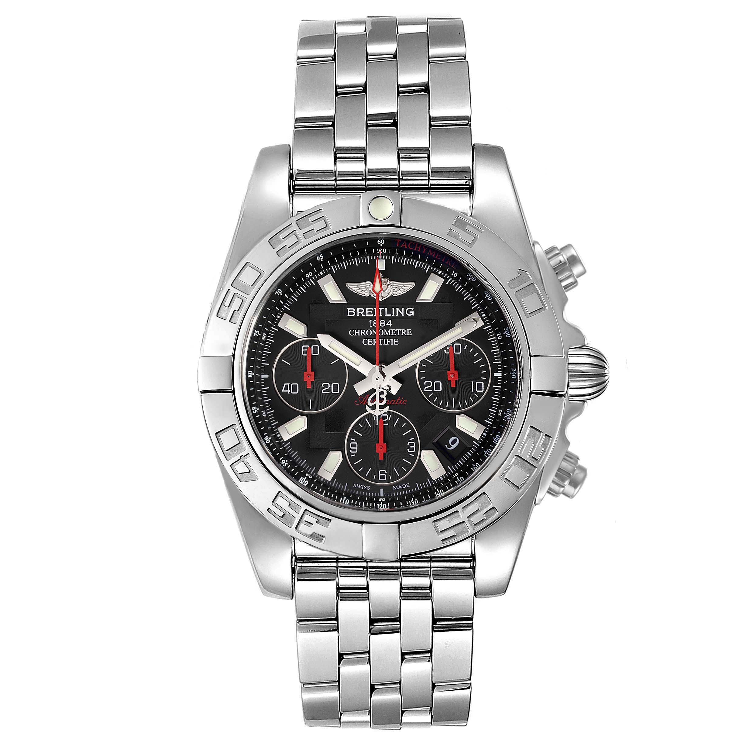 The image shows a front view of a Breitling Chronomat AB0141 Men's Stainless Steel Black Dial AB0141 Men's Stainless Steel Black Dial watch, highlighting the dial, bezel, pushers, crown, and bracelet.