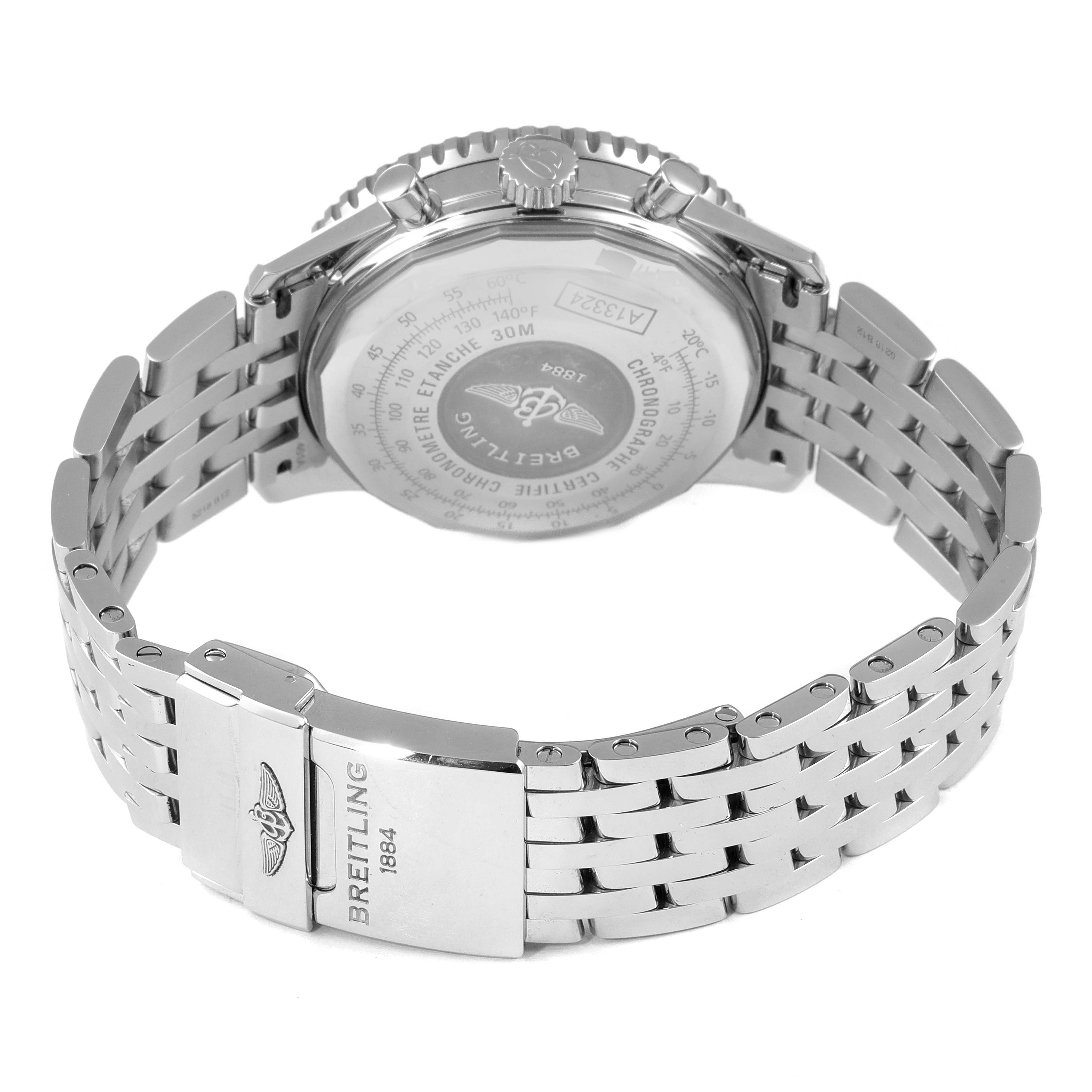 The image shows the back view and stainless steel bracelet of a Breitling Navitimer A13324 Men
s Stainless Steel Black Dial A13324 Men
s Stainless Steel Black Dial watch.