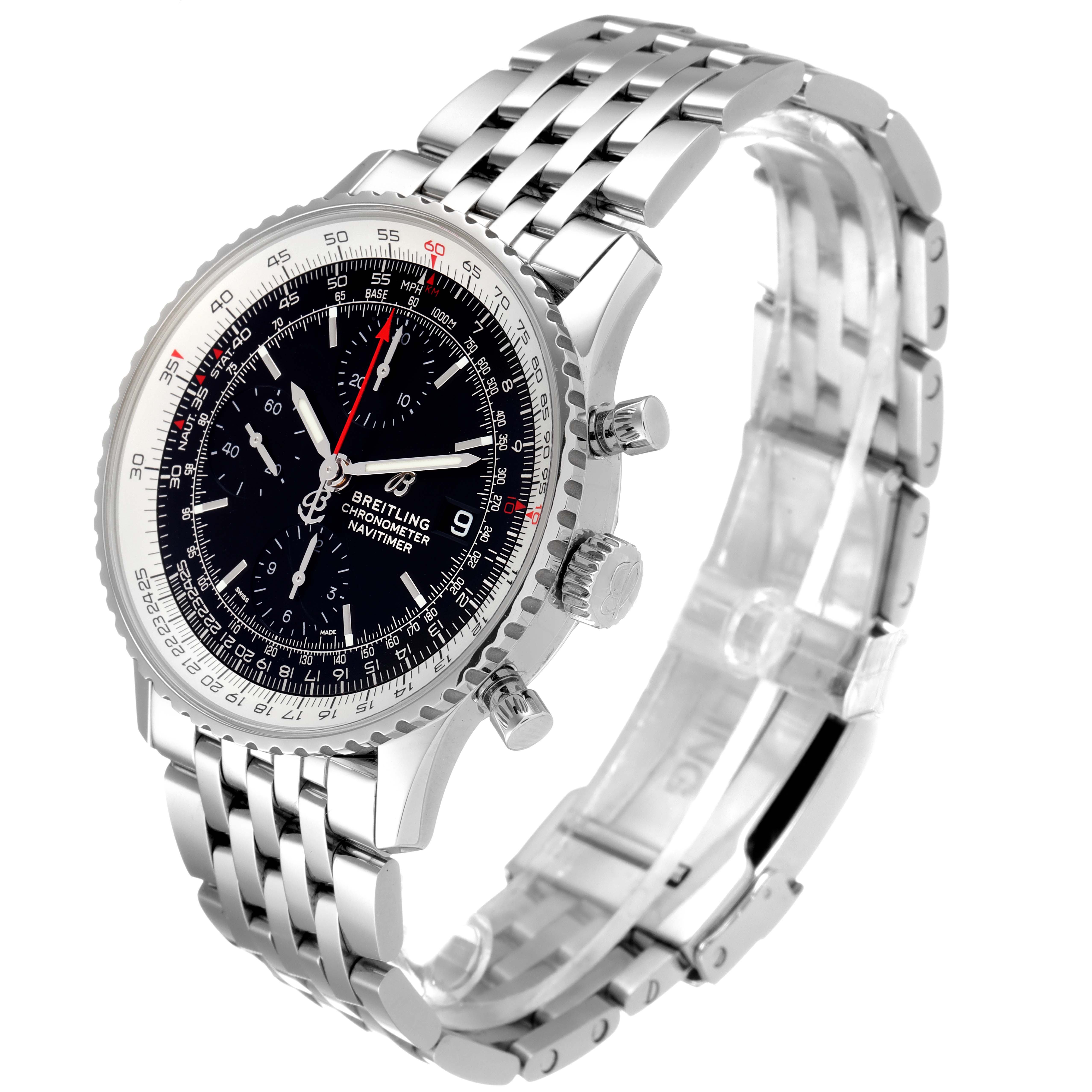 This image shows a Breitling Navitimer A13324 Men
s Stainless Steel Black Dial A13324 Men
s Stainless Steel Black Dial watch from a front-left angle, highlighting the dial, bezel, and bracelet.