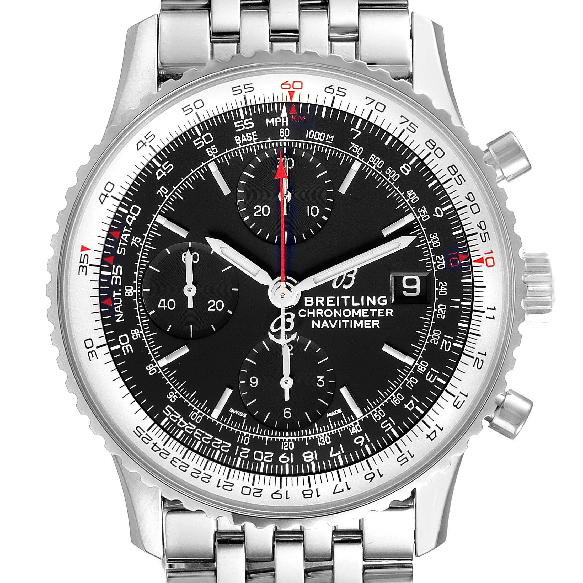 The image shows a front view of a Breitling Navitimer A13324 Men
s Stainless Steel Black Dial A13324 Men
s Stainless Steel Black Dial watch, highlighting the dial, bezel, and part of the bracelet.