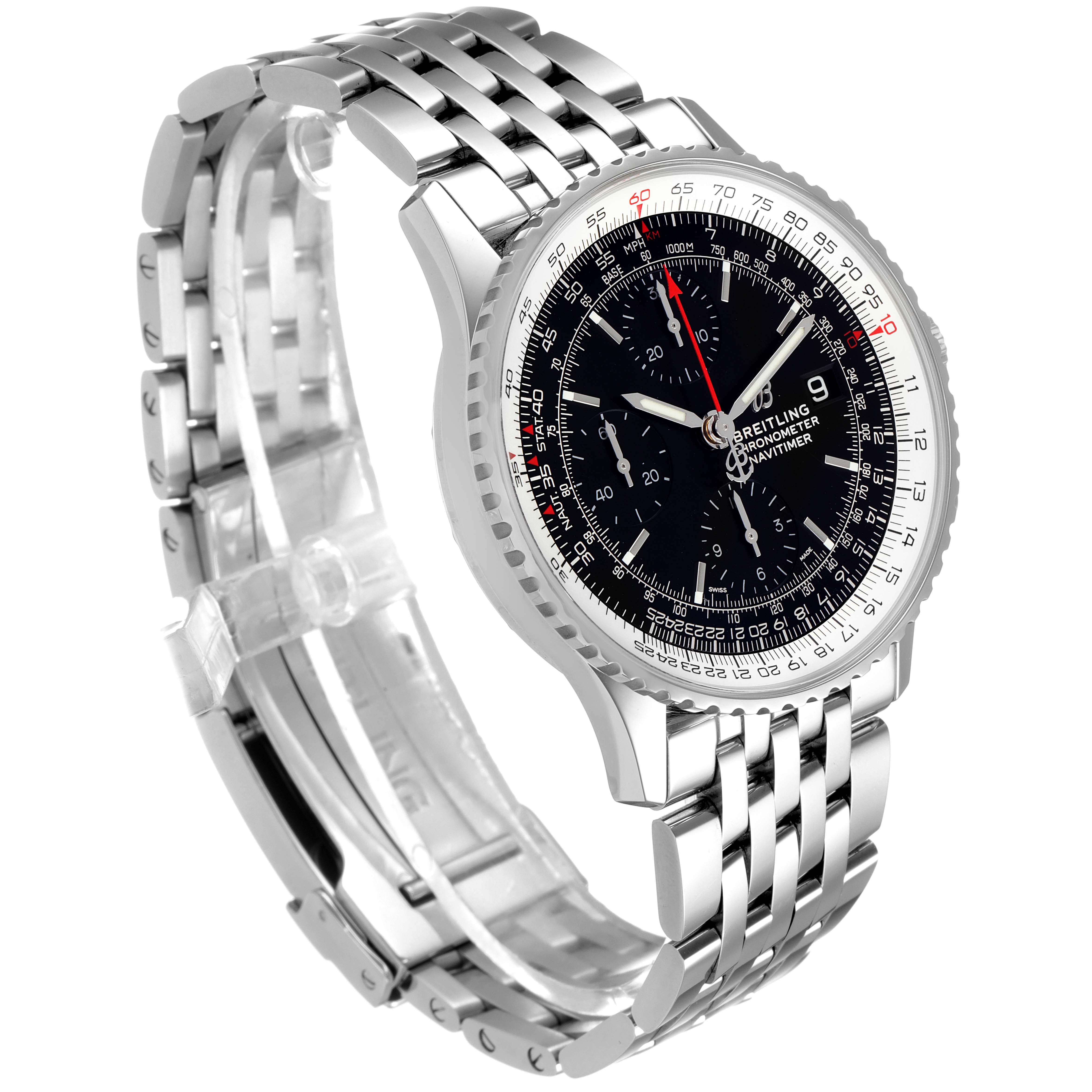 The image shows a side angle of a Breitling Navitimer A13324 Men
s Stainless Steel Black Dial A13324 Men
s Stainless Steel Black Dial watch, highlighting its metal bracelet and detailed dial with various markings.