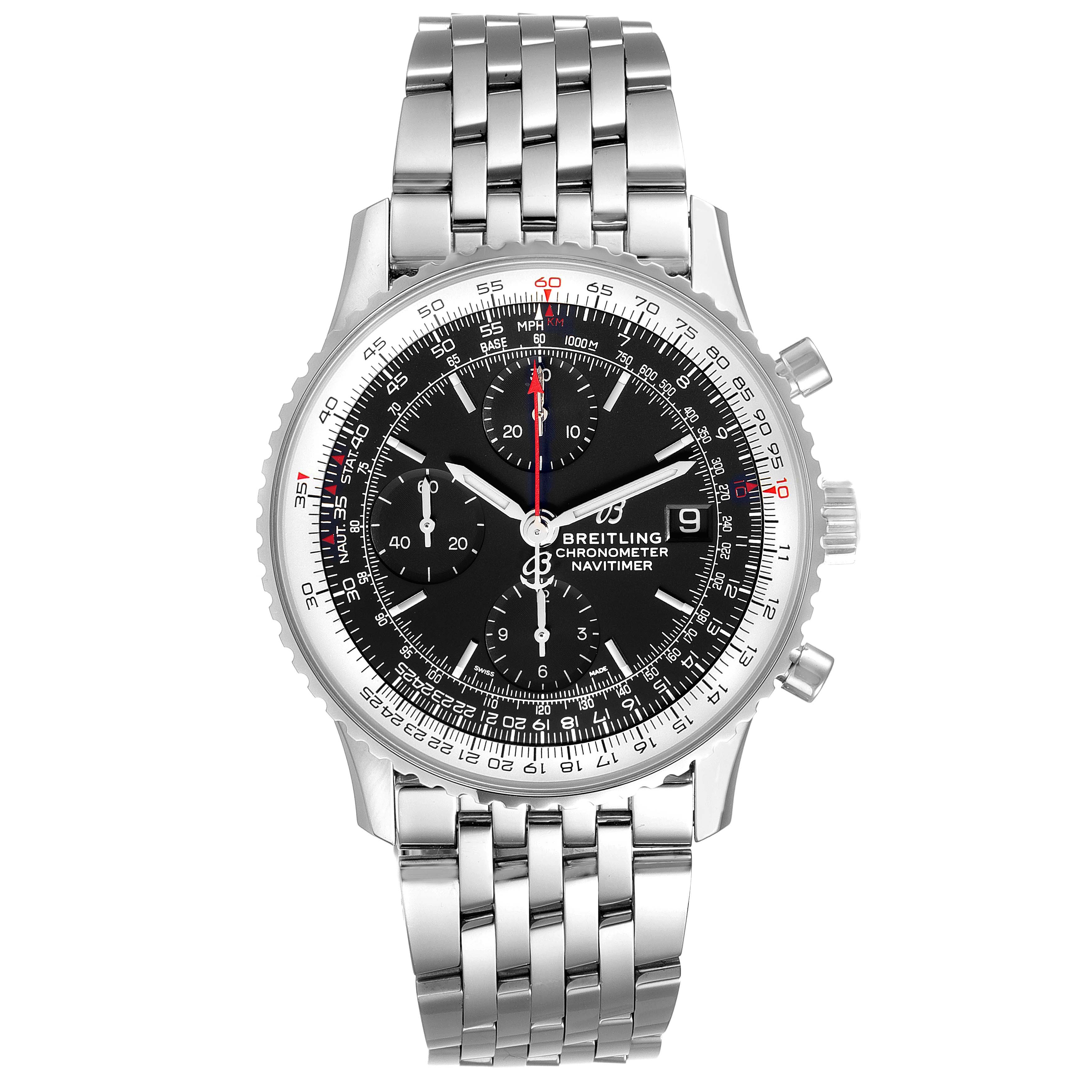 The image shows a front view of a Breitling Navitimer A13324 Men
s Stainless Steel Black Dial A13324 Men
s Stainless Steel Black Dial watch, displaying its bezel, chronograph, and metal bracelet.