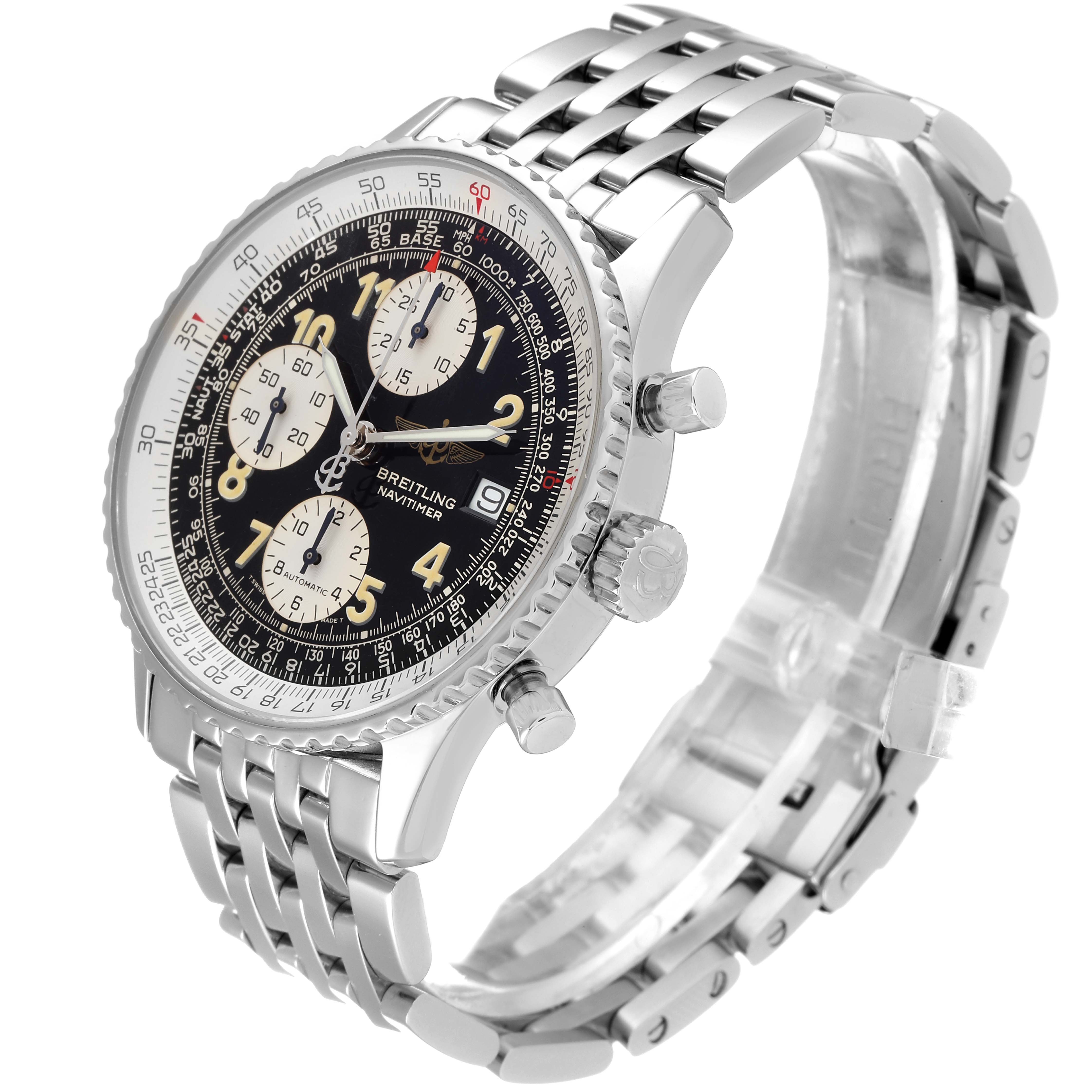 The Breitling Navitimer A13022 Men
s Stainless Steel Black Dial A13022 Men
s Stainless Steel Black Dial watch is shown at an angled view, displaying the face, bezel, side buttons, and metal band.