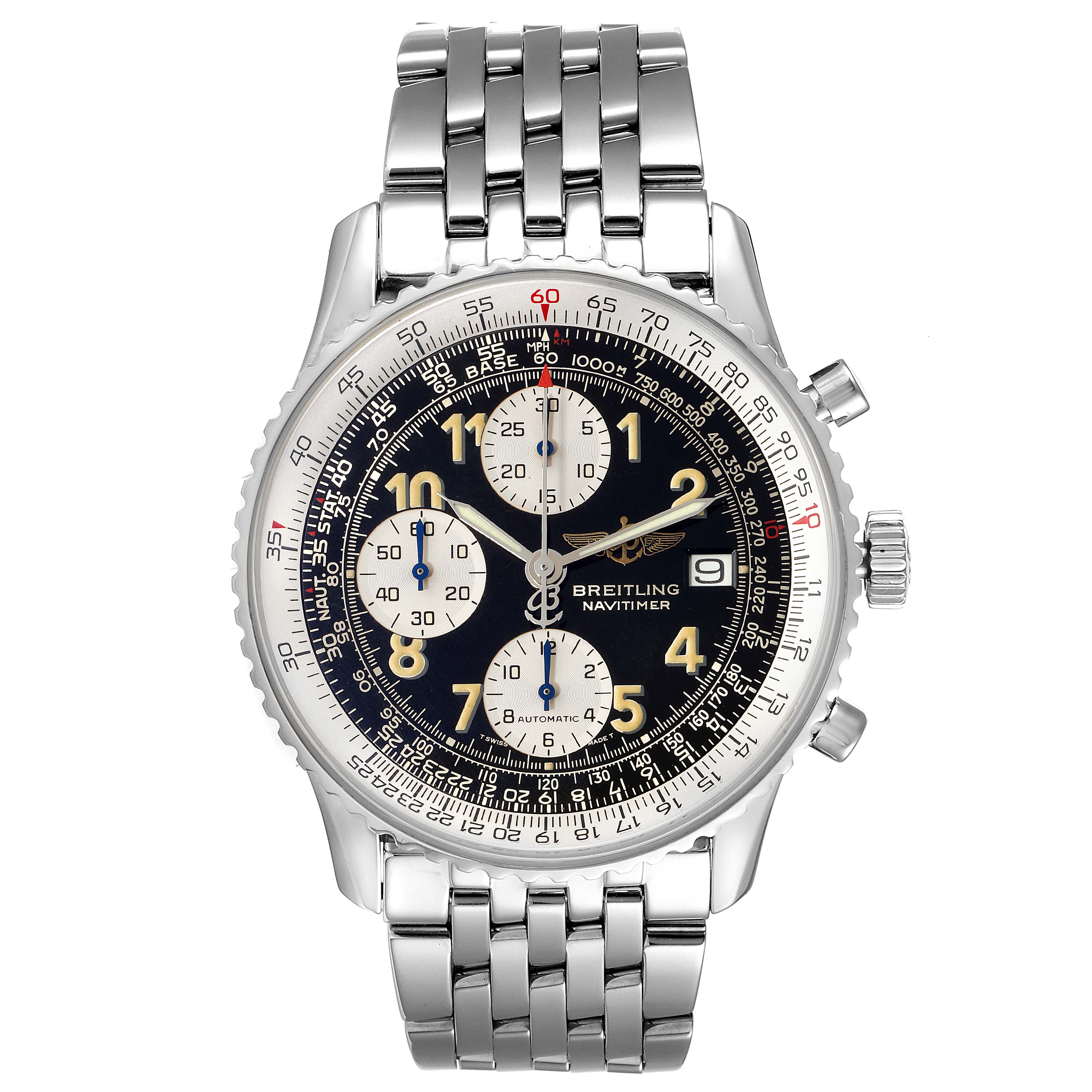 This image shows a front view of a Breitling Navitimer A13022 Men
s Stainless Steel Black Dial A13022 Men
s Stainless Steel Black Dial watch, highlighting its dial, bezel, and stainless steel bracelet.